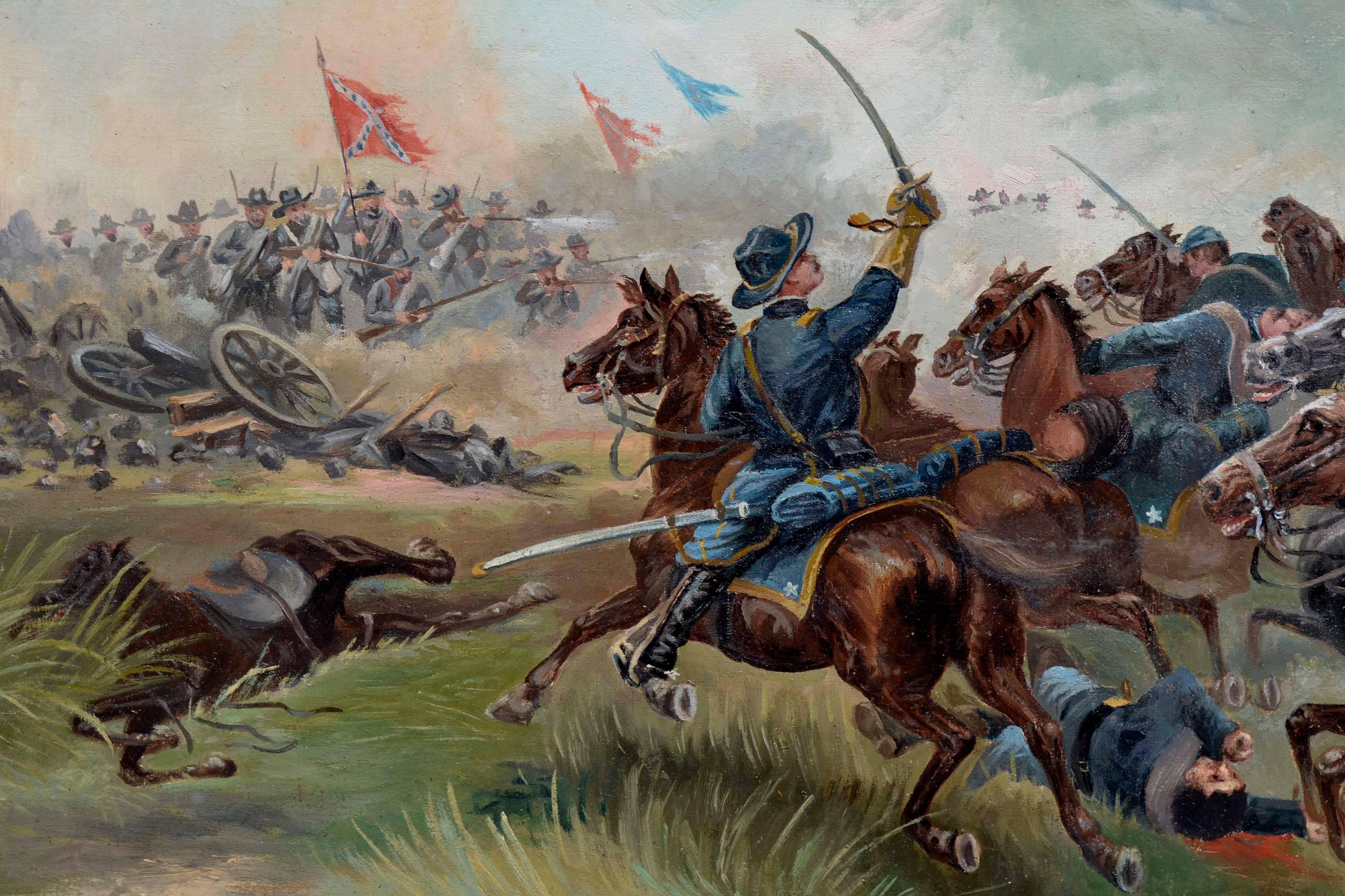 Figürliches Gemälde aus dem späten 19. Jahrhundert, das die Schlacht von Trevilians Station und die Verwundung von Oberst Sackett am 11. Juni 1864 zeigt. Öl auf Leinwand in einem Rahmen aus vergoldetem Holz. Rechts unten undeutlich signiert oder
