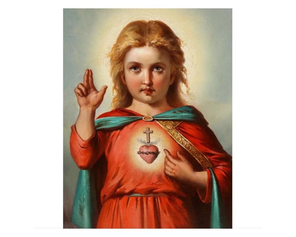 American School, '19th Century' Jesus Christ as a Baby Child, Oil Painting C. 18 In Good Condition For Sale In New York, NY
