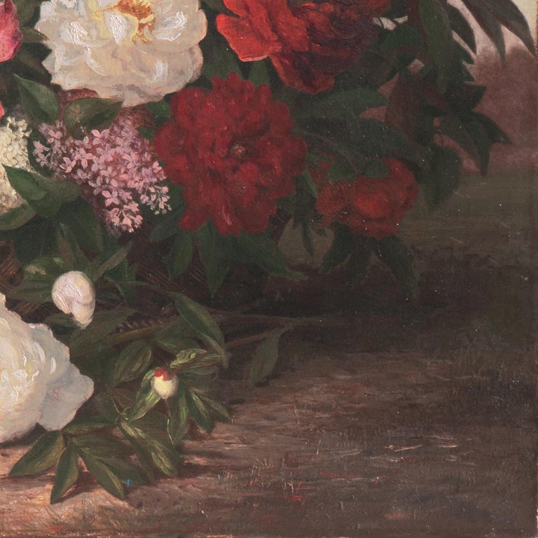 'Basket of Flowers', Large 19th century American School oil Still Life, Roses - Painting by American School, 19th Century