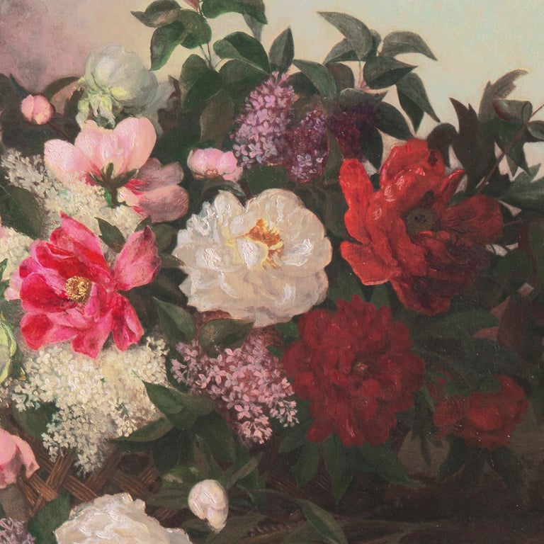 'Basket of Flowers', Large 19th century American School oil Still Life, Roses - American Realist Painting by American School, 19th Century