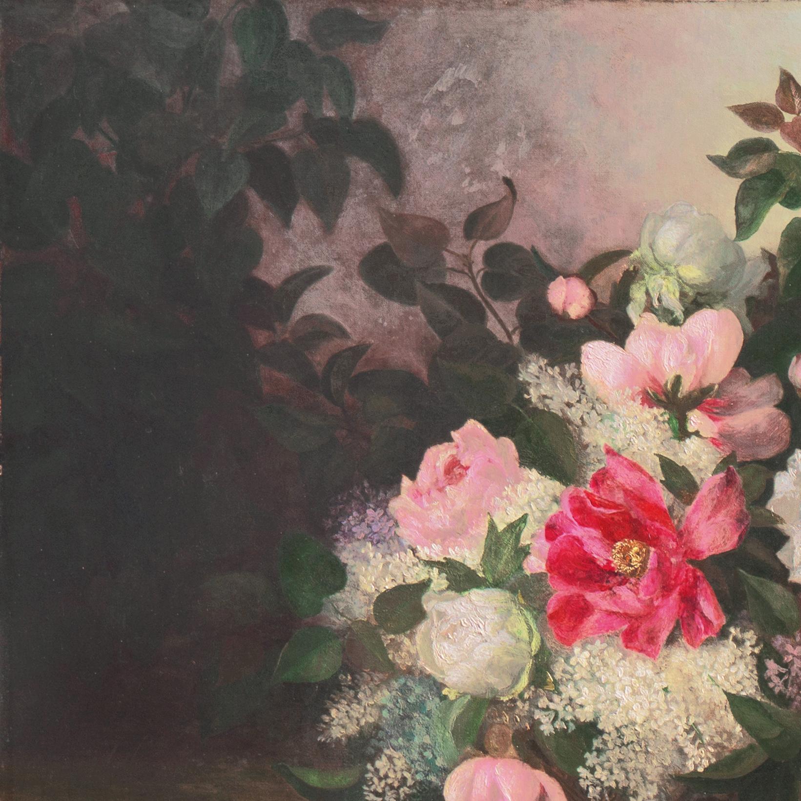 'Basket of Flowers', Large, 19th century, American School, Oil Still Life, Roses - American Realist Painting by American School, 19th Century