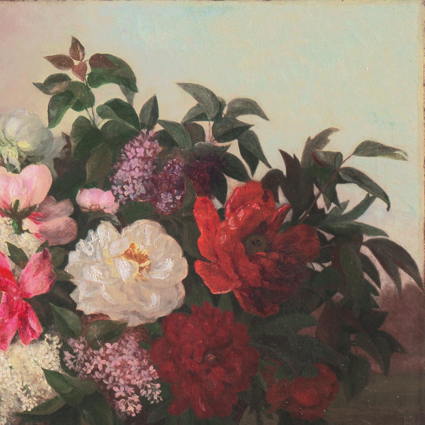 'Basket of Flowers', Large, 19th century, American School, Oil Still Life, Roses - Black Still-Life Painting by American School, 19th Century