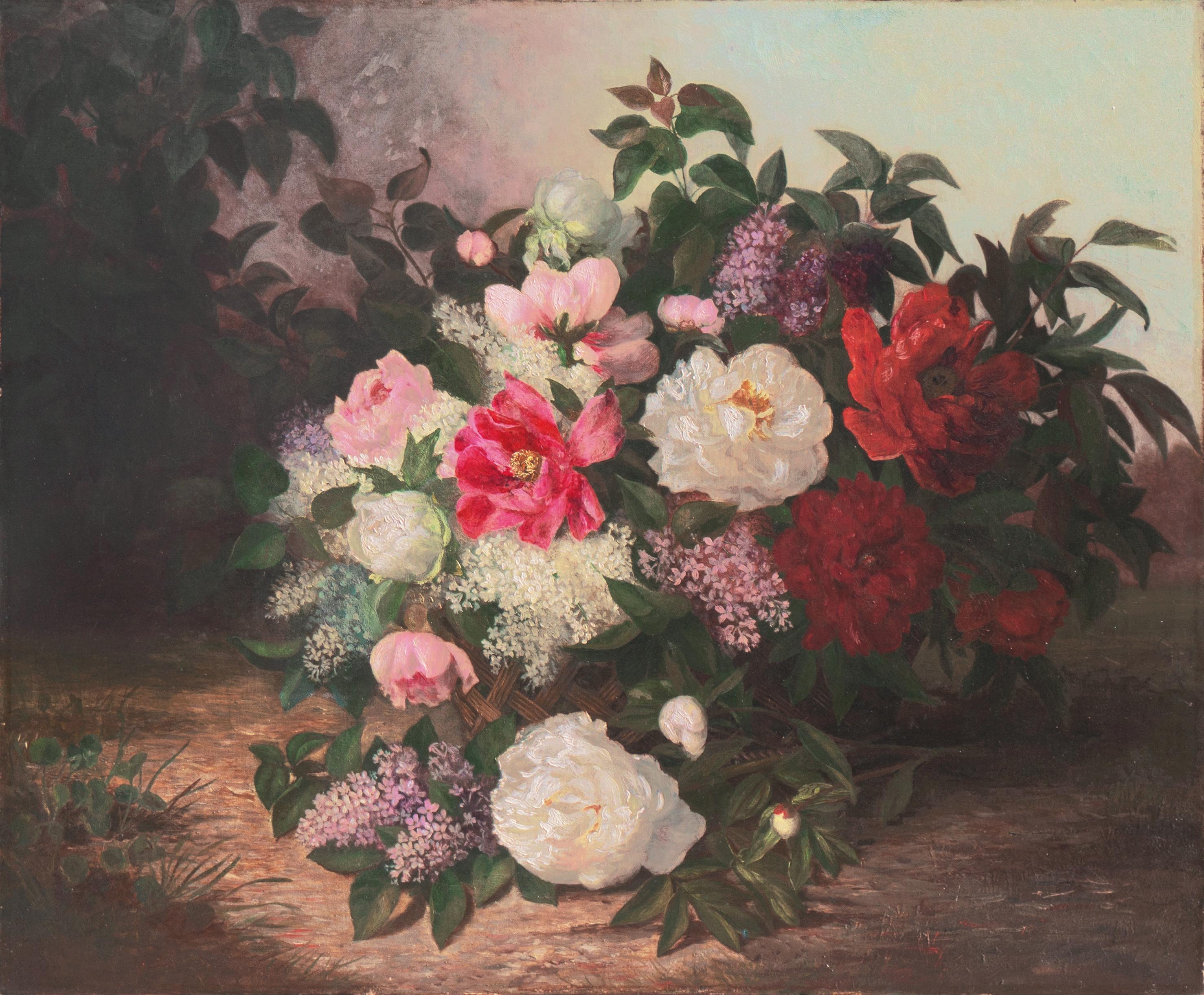 American School, 19th Century Still-Life Painting - 'Basket of Flowers', Large, 19th century, American School, Oil Still Life, Roses