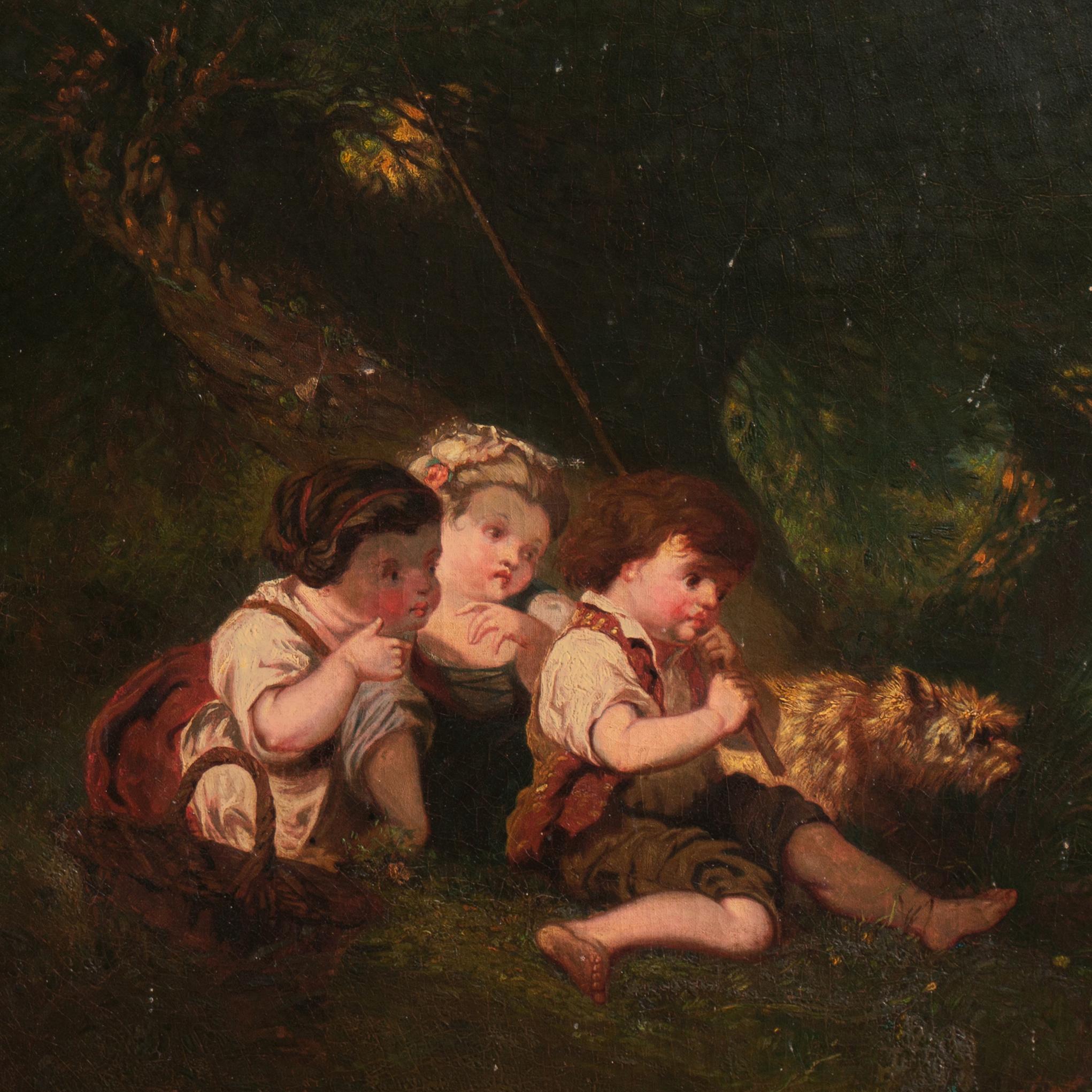 « Children Landing a Catfish », école américaine du 19e siècle, grande huile noire - Painting de American School, 19th Century