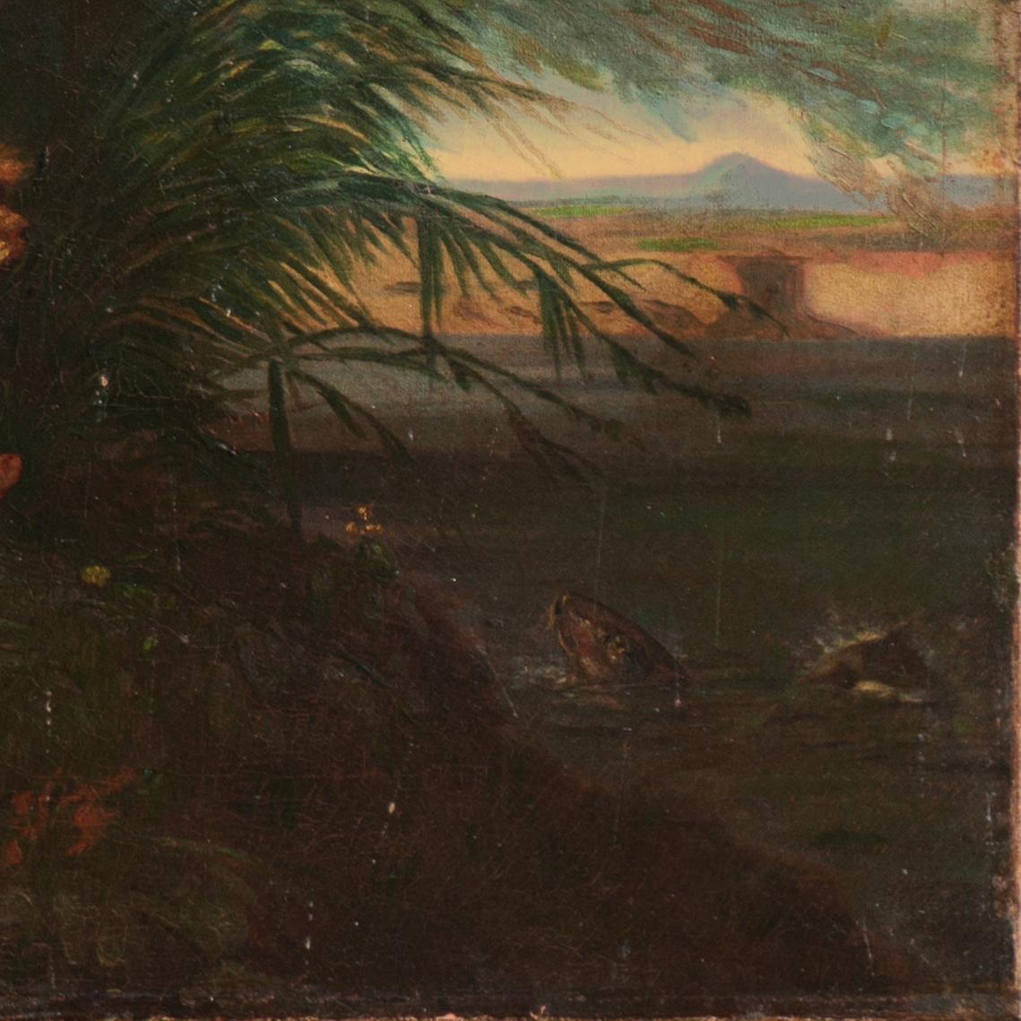 'Children Landing a Catfish', 19th Century American School, Large Nocturnal Oil - Black Figurative Painting by American School, 19th Century