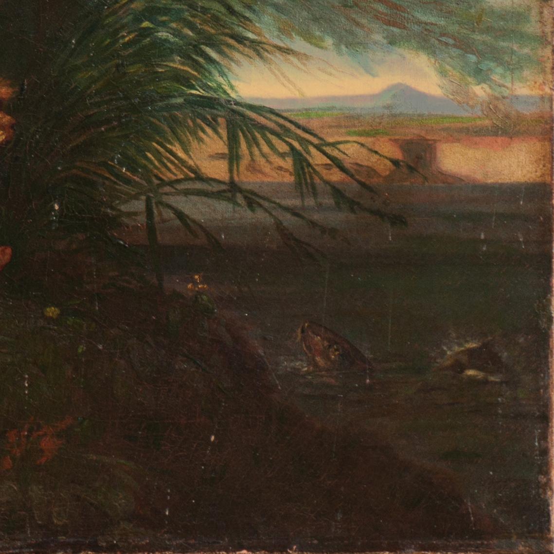 « Children Landing a Catfish », école américaine du 19e siècle, grande huile noire - Noir Landscape Painting par American School, 19th Century