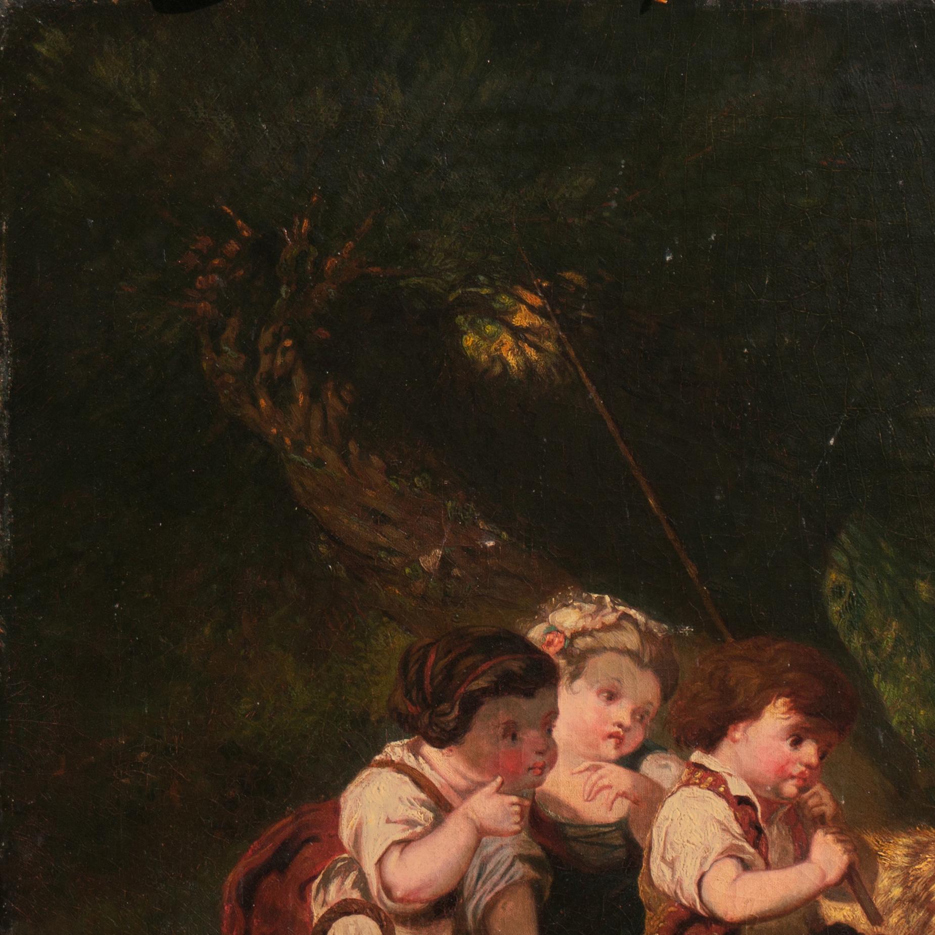 A substantial, mid-to-late 19th century American School nocturnal landscape showing a view of three children, accompanied by their terrier, fishing by lamp-light and startled by the appearance of a large catfish. An amusing and whimsical, yet