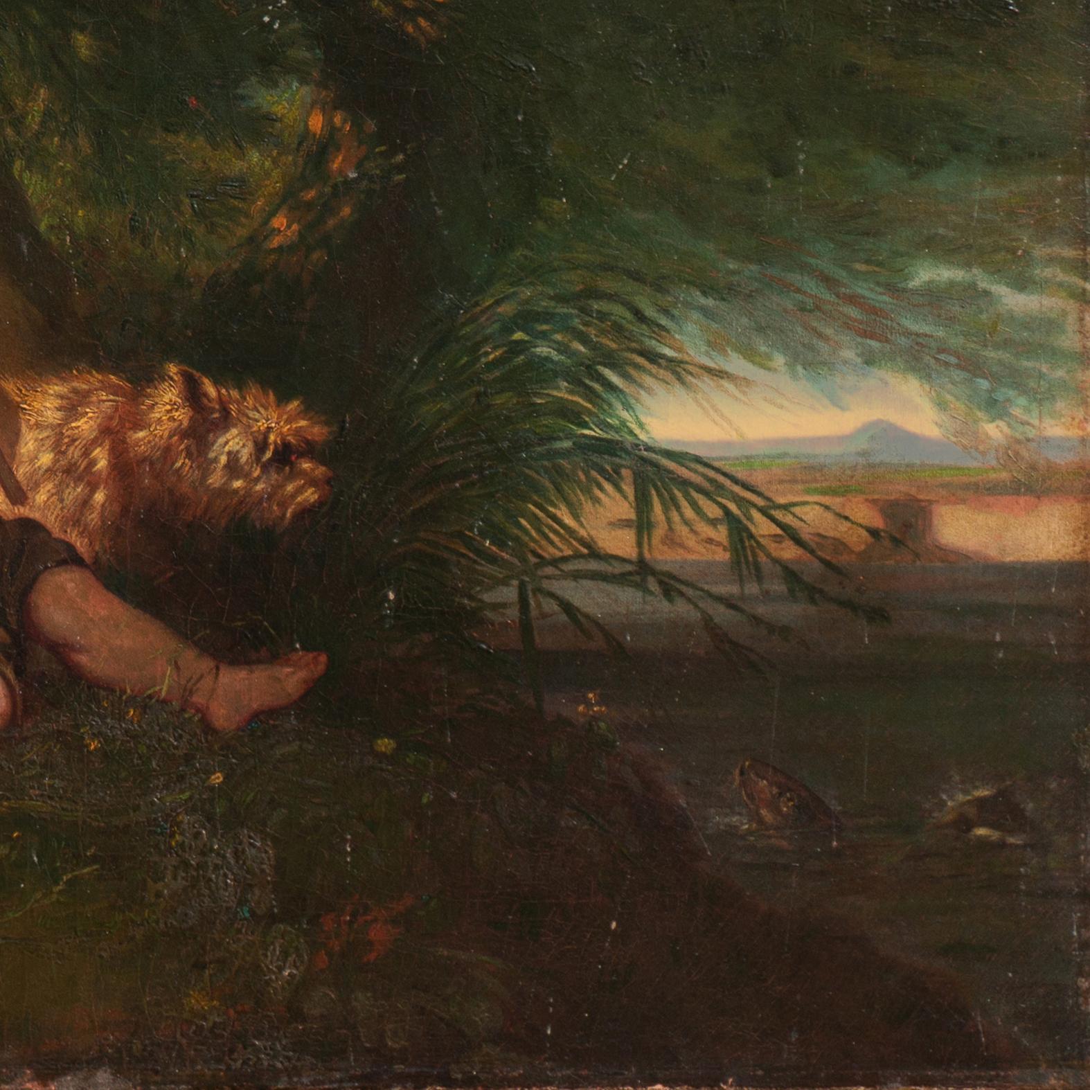 'Children Landing a Catfish', 19th Century American School, Large Nocturnal Oil For Sale 1