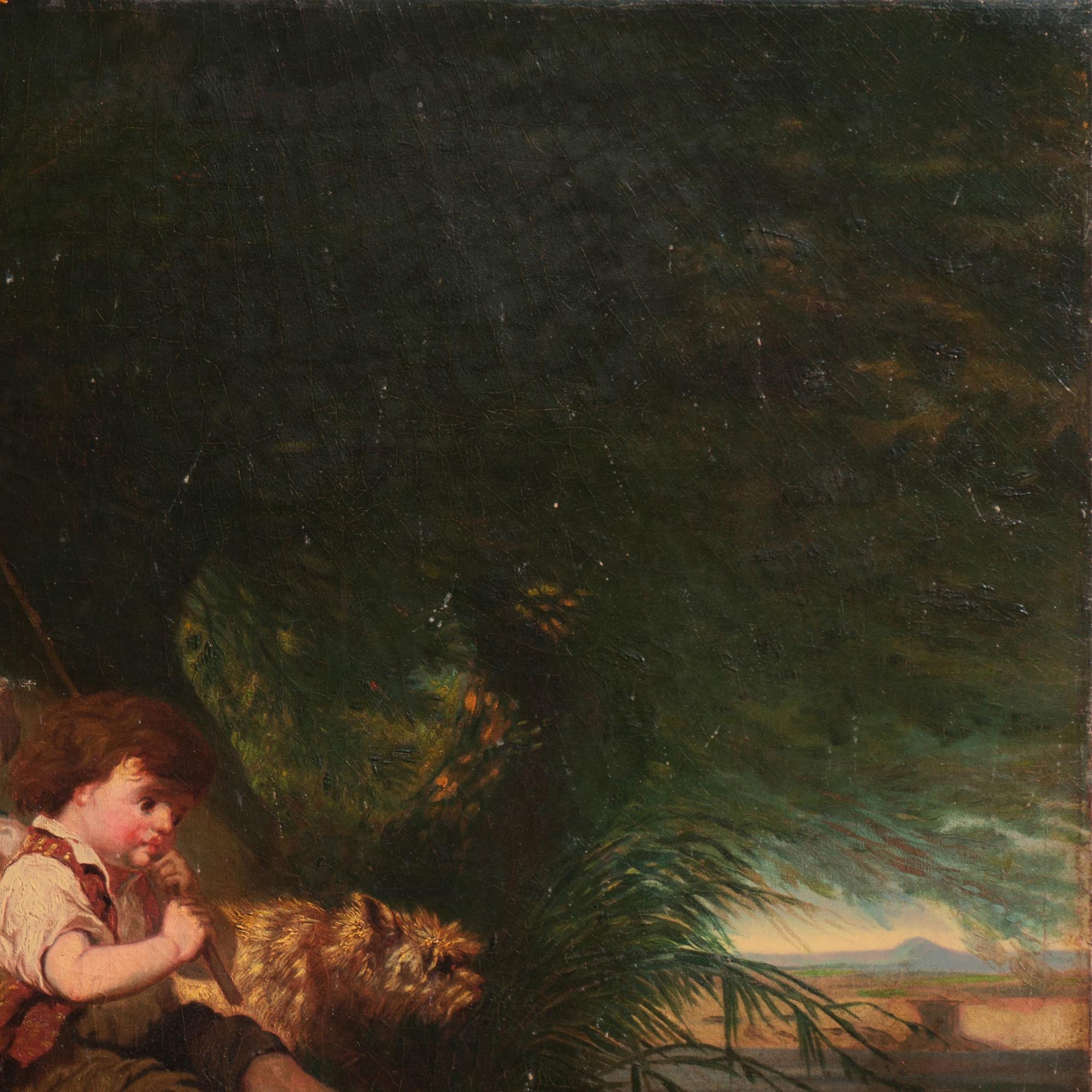 « Children Landing a Catfish », école américaine du 19e siècle, grande huile noire en vente 2