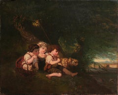 Antique 'Children Landing a Catfish', 19th Century American School, Large Nocturnal Oil