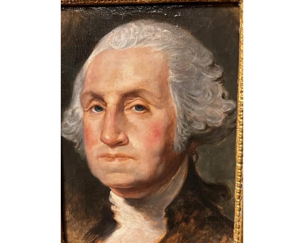American School 19th Century Portrait of George Washington, crafted around 1810, serves as a compelling homage to the nation’s founding father. Executed in the style reminiscent of Gilbert Stuart, this portrait captures Washington’s iconic visage