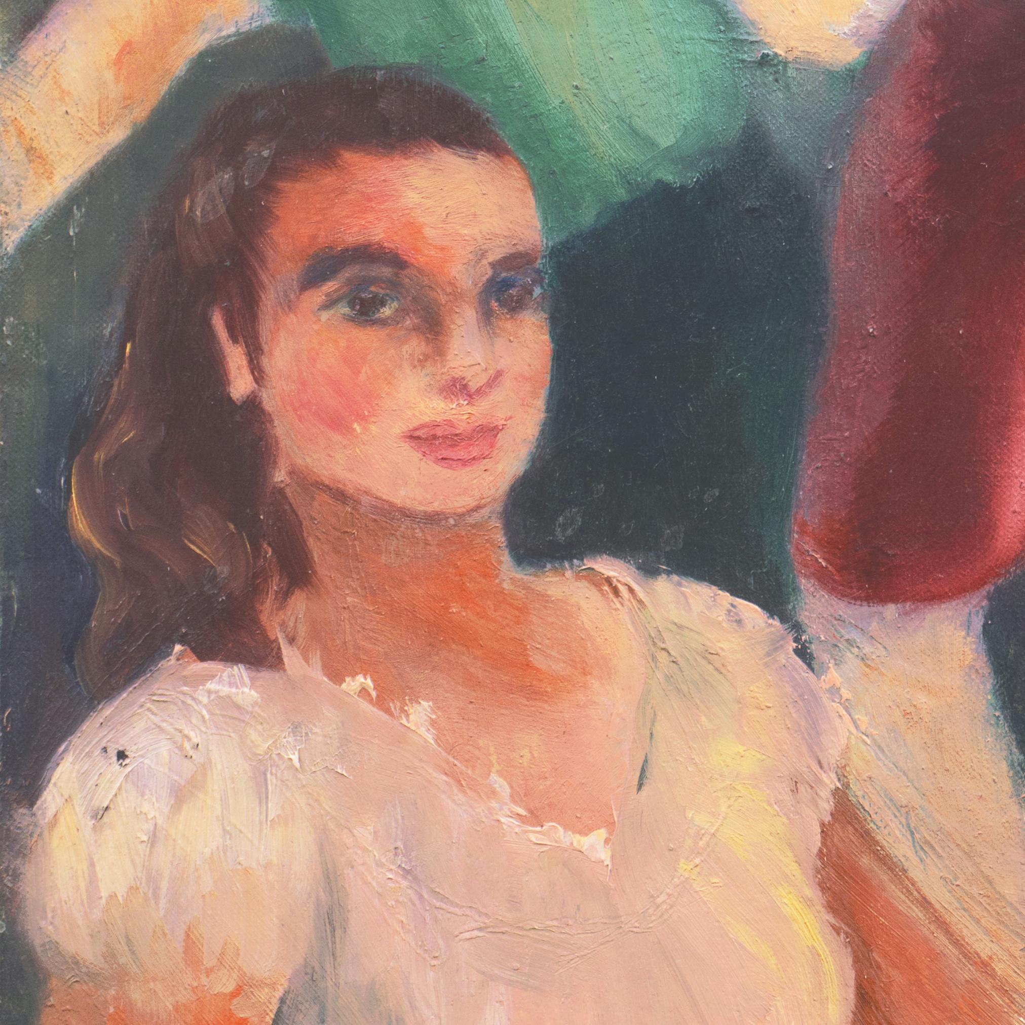 Undeutlich rechts unten signiert und um 1935 gemalt. 

Ein stark animiertes, vertikal gestapeltes figuratives Gemälde voller komprimierter Energie und einer Atmosphäre psychologischer Zweideutigkeit, wobei die beiden Hauptfiguren den Betrachter