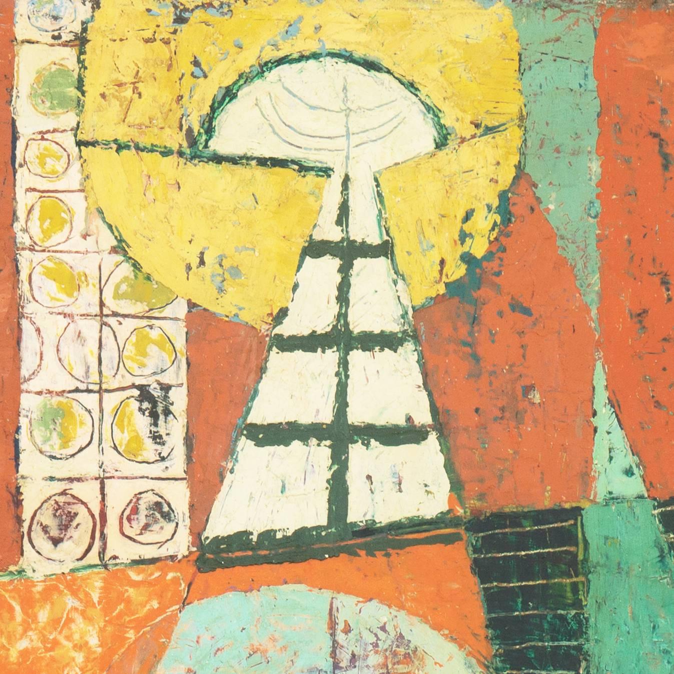 American School; unsigned and painted circa 1955.

A semi-abstracted view of various stylized, hieratic figures shown against a variegated geometrically aligned background with inscribed and lightly textured designs all contrasted against a