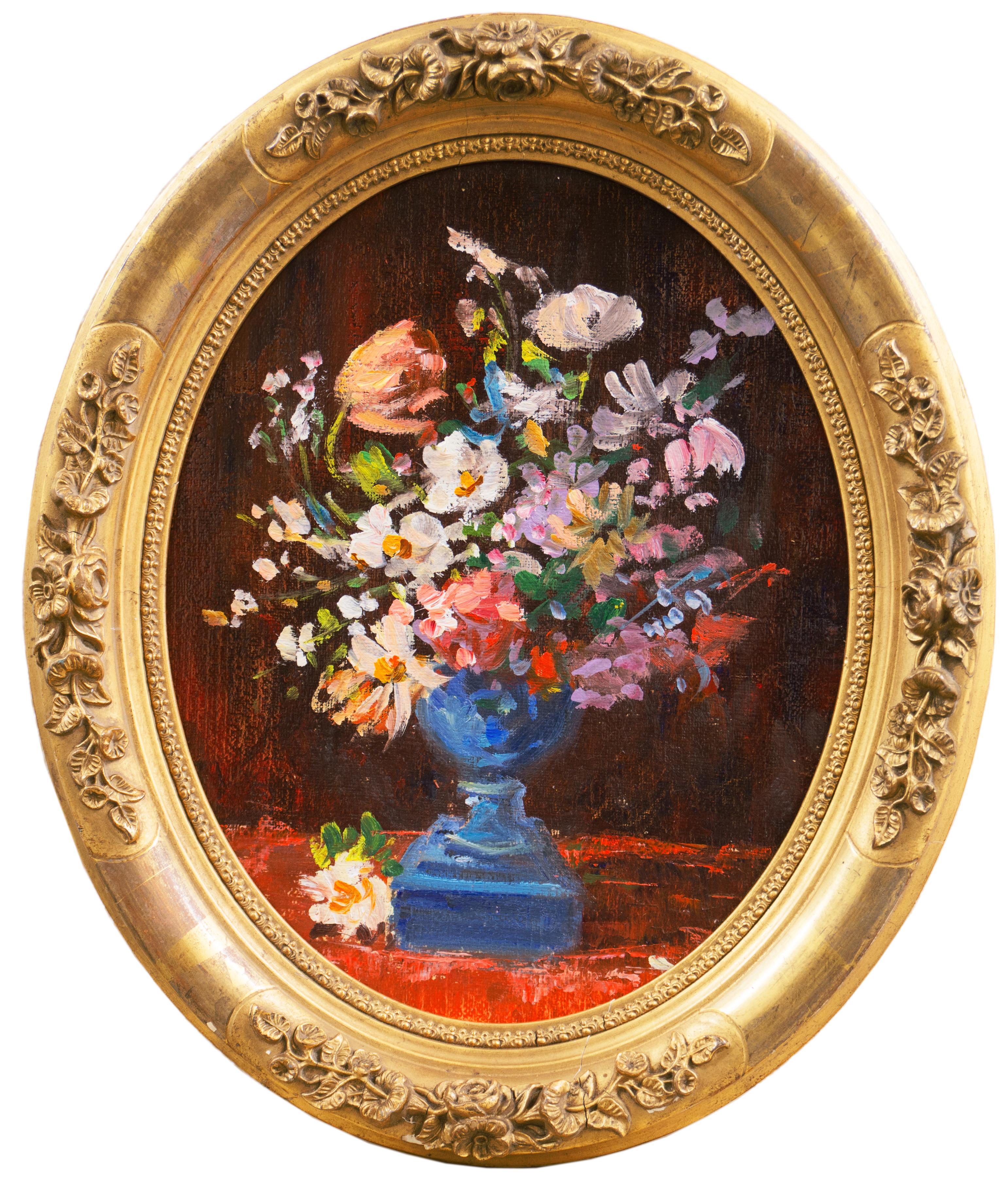 'Spring Flowers in a Blue Planter',  French School Impressionist Still Life Oil