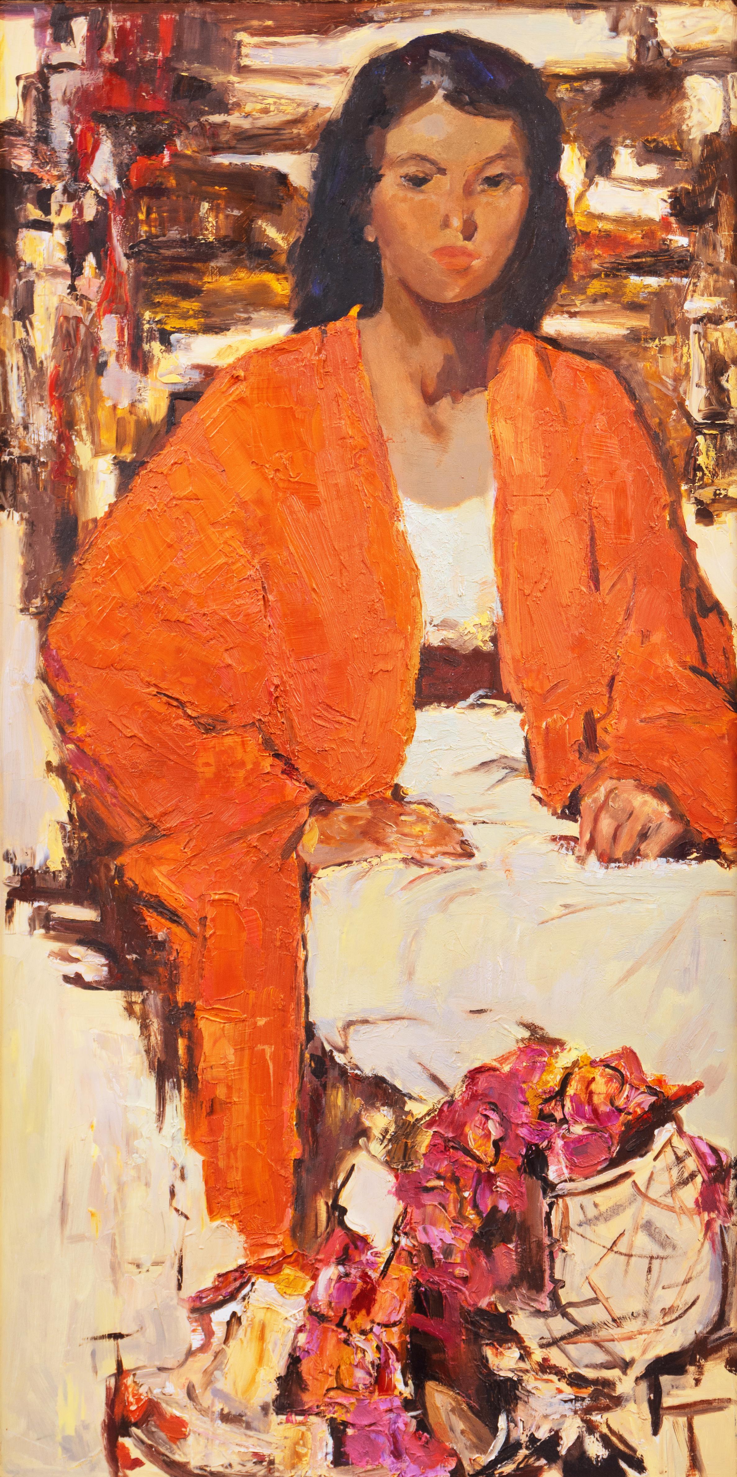 'Woman in a Coral Jacket with Oleanders', Post-Impressionist Figural Oil, Fechin - Painting by Unknown