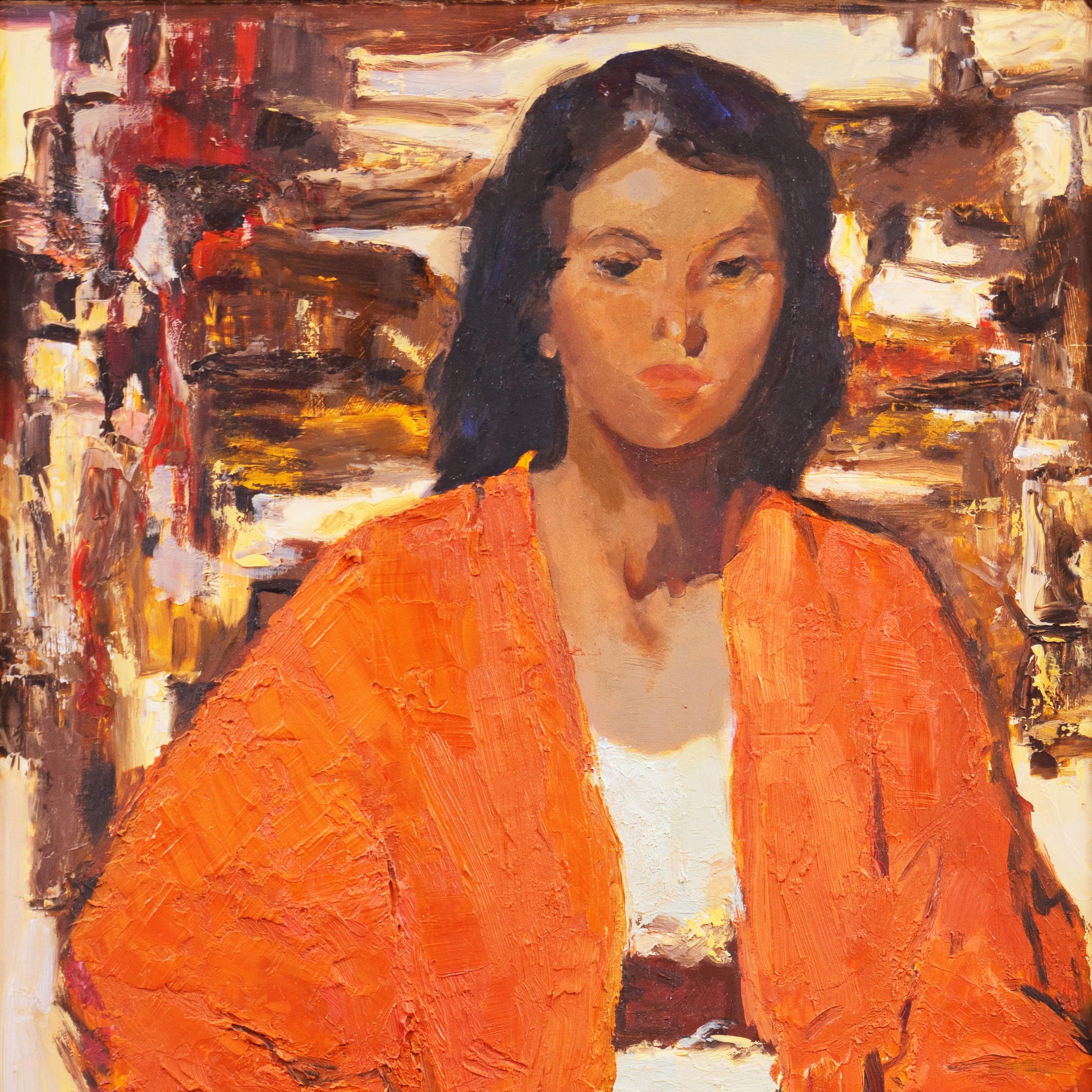 'Woman in a Coral Jacket with Oleanders', Post-Impressionist Figural Oil, Fechin 4