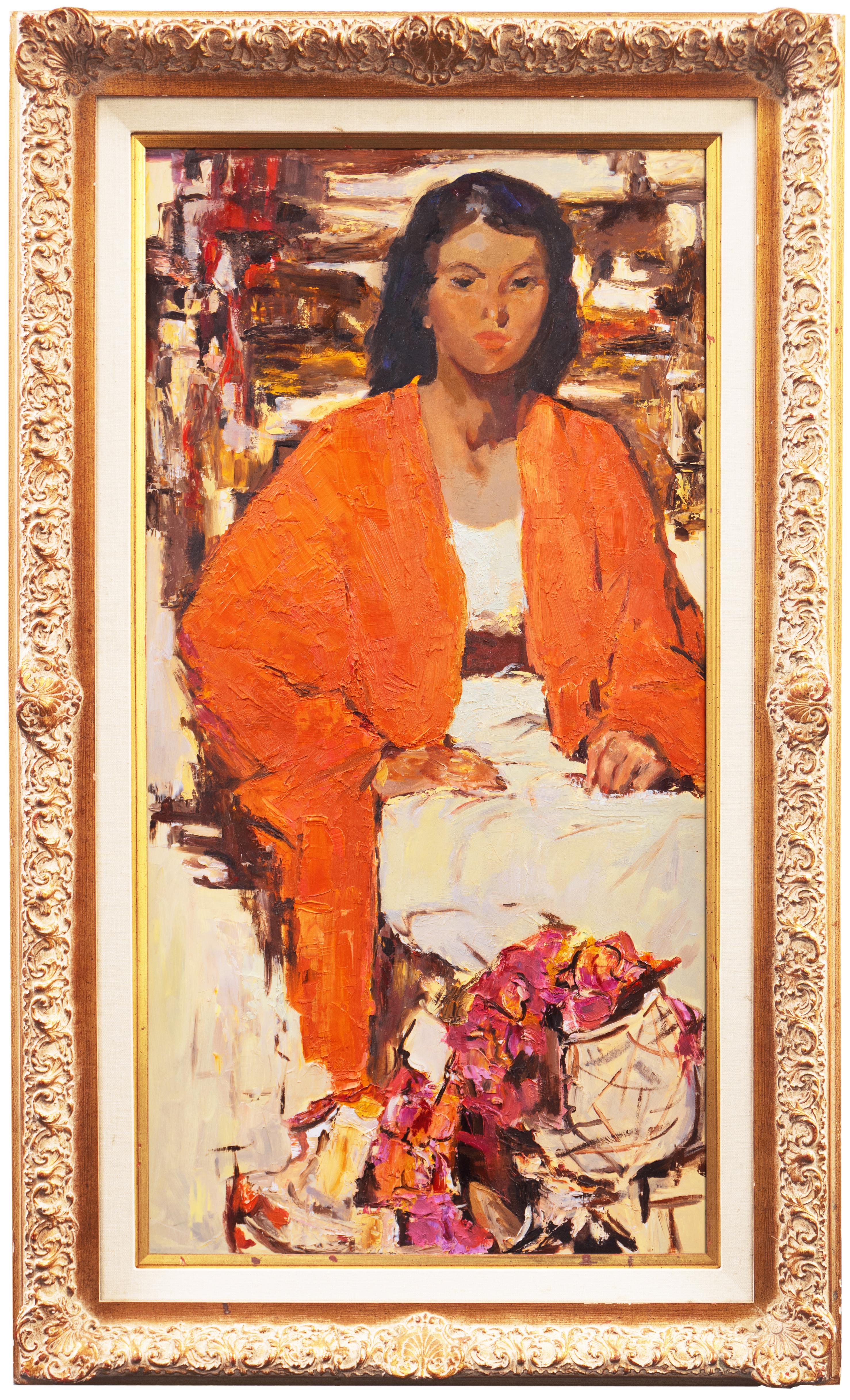 Unknown Figurative Painting - 'Woman in a Coral Jacket with Oleanders', Post-Impressionist Figural Oil, Fechin
