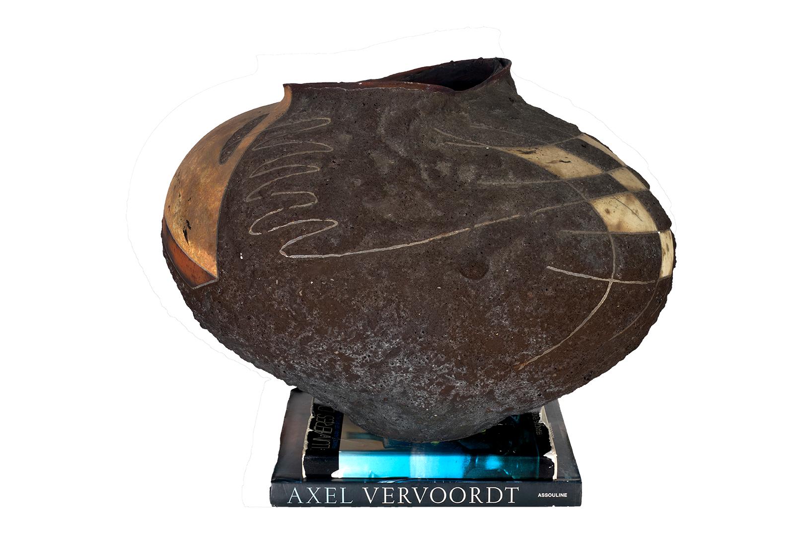 American School 20th C Large Vessel Glazed Ceramic Raku Fired In Good Condition For Sale In Dallas, TX