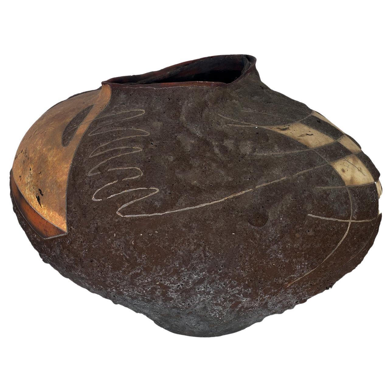 American School 20th C Large Vessel Glazed Ceramic Raku Fired