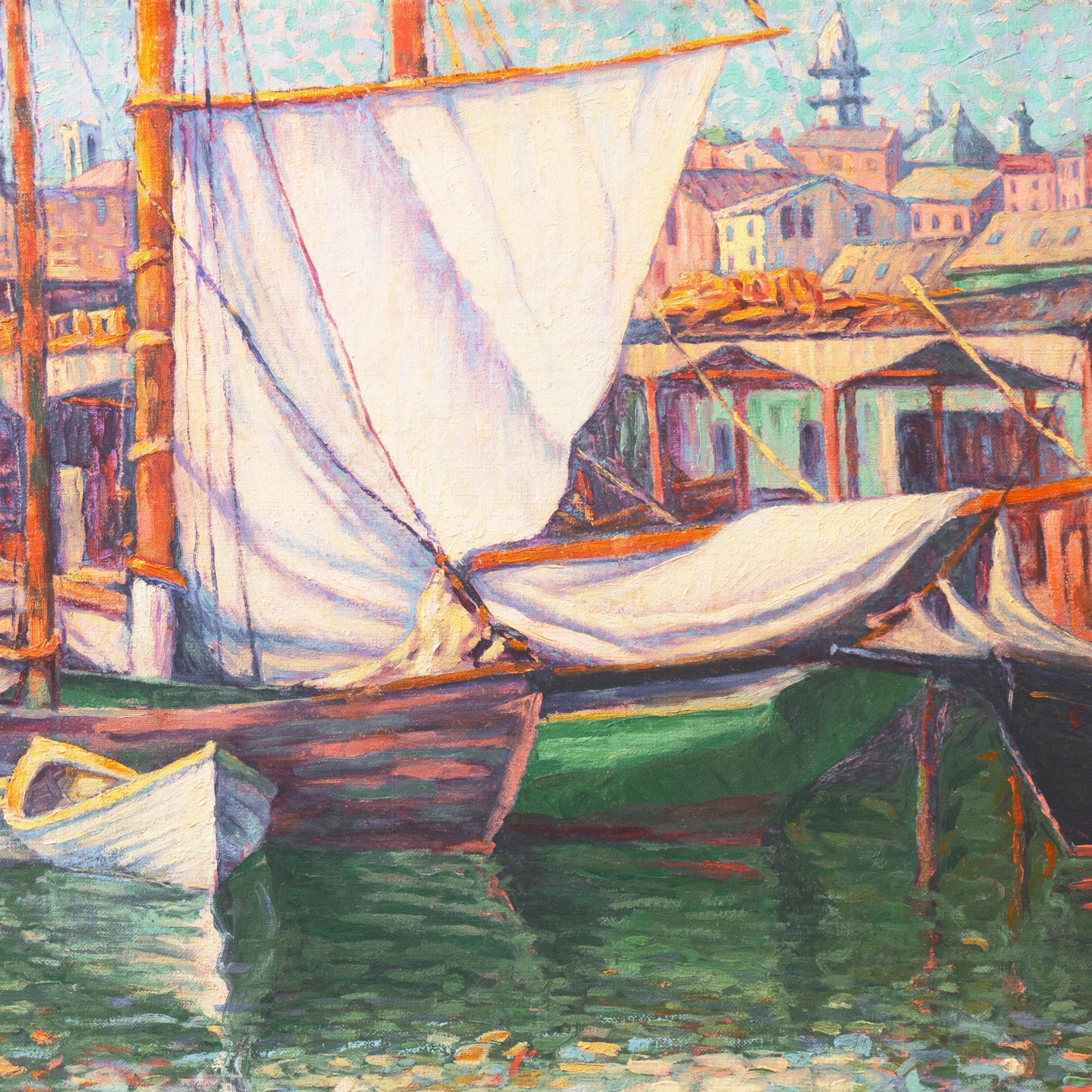 'Fishing Boats in Harbor', American School Oil, Oakland, San Francisco Bay Area - Post-Impressionist Painting by American School (20th century)