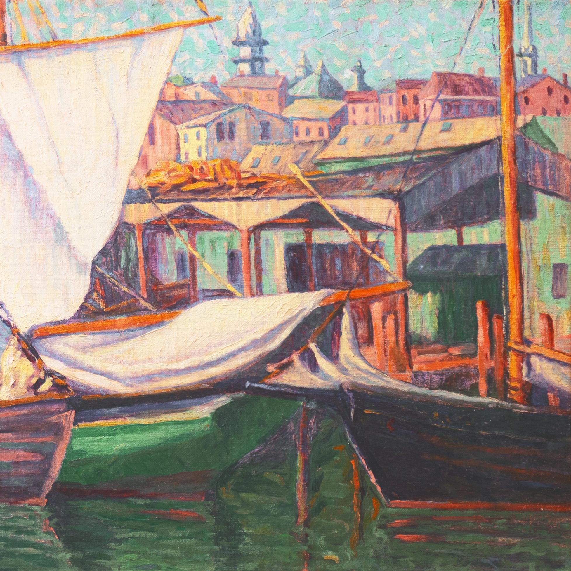 'Fishing Boats in Harbor', American School Oil, Oakland, San Francisco Bay Area - Brown Landscape Painting by American School (20th century)