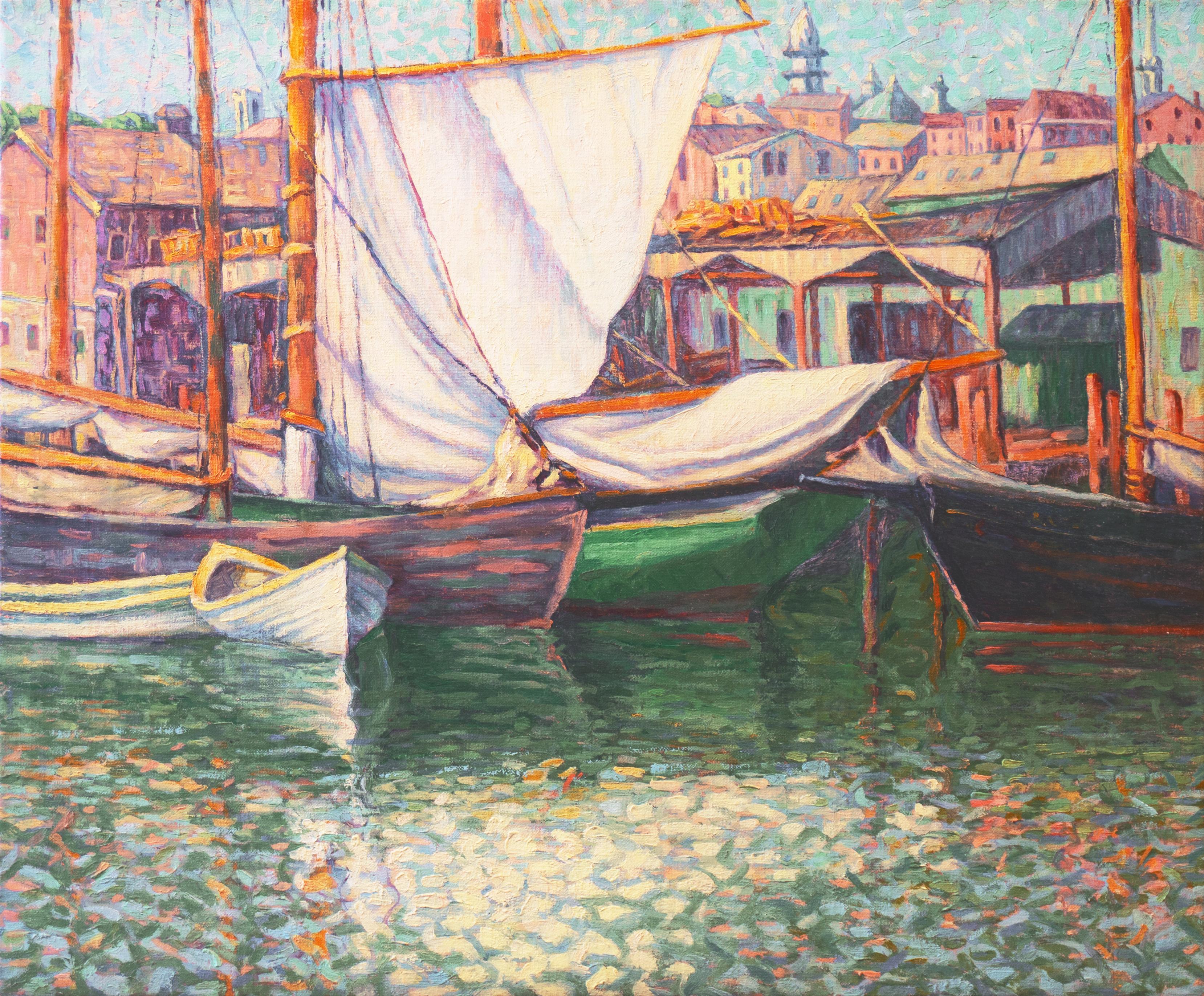 American School (20th century) Landscape Painting - 'Fishing Boats in Harbor', American School Oil, Oakland, San Francisco Bay Area