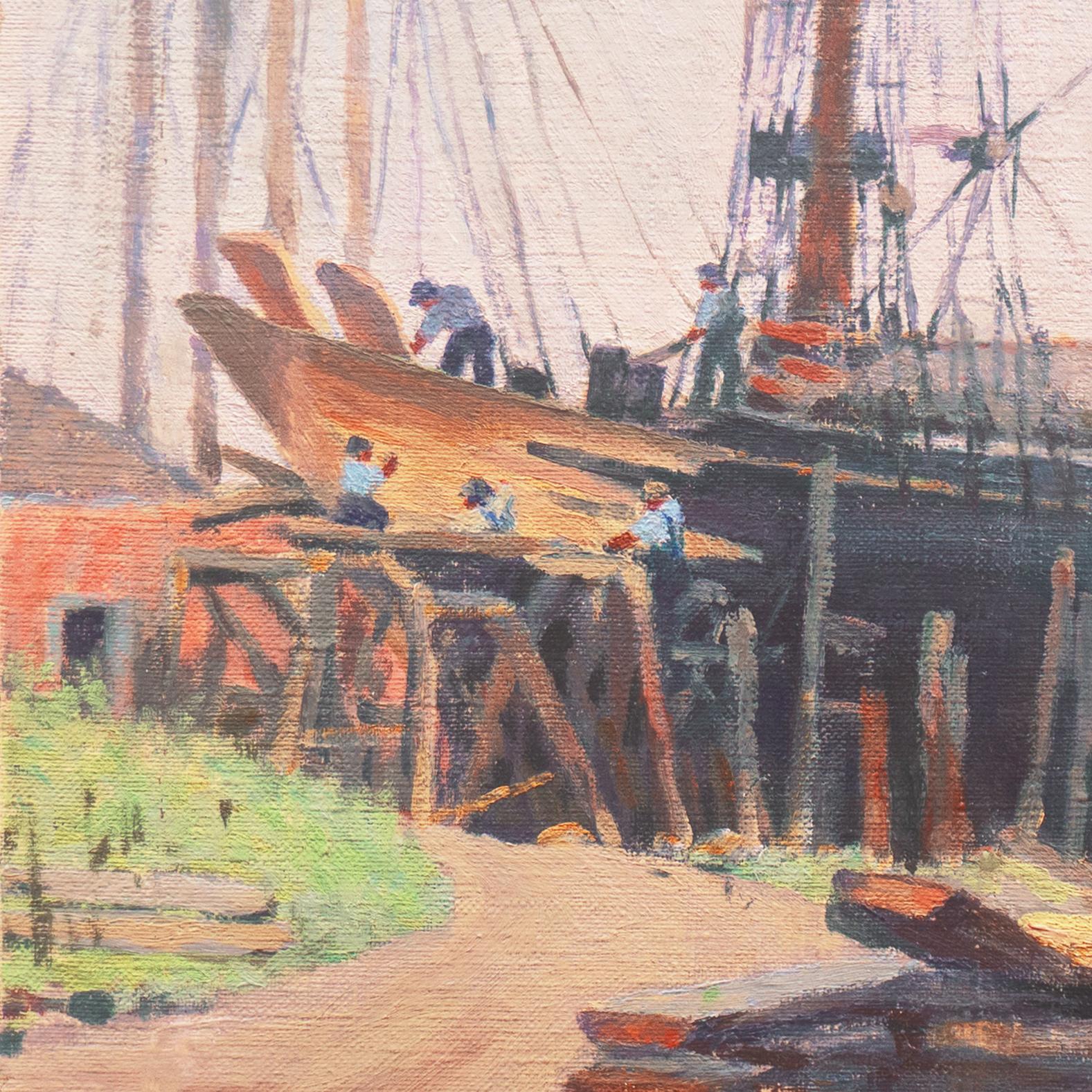 'When the Boats Were Made of Wood and the Men Were Made of Steel', Impressionist - Painting by American School (20th century)