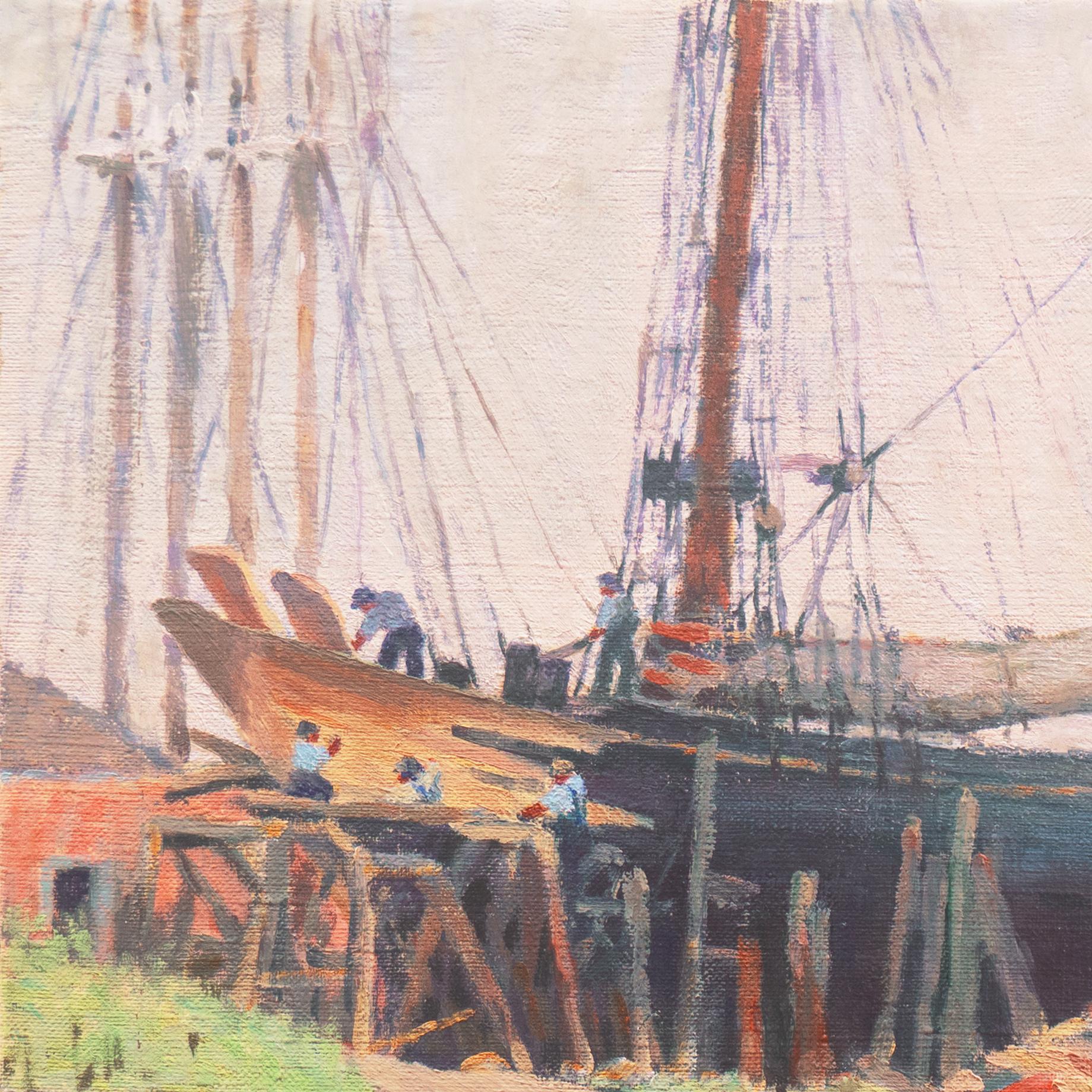 'When the Boats Were Made of Wood and the Men Were Made of Steel', Impressionist - Post-Impressionist Painting by American School (20th century)