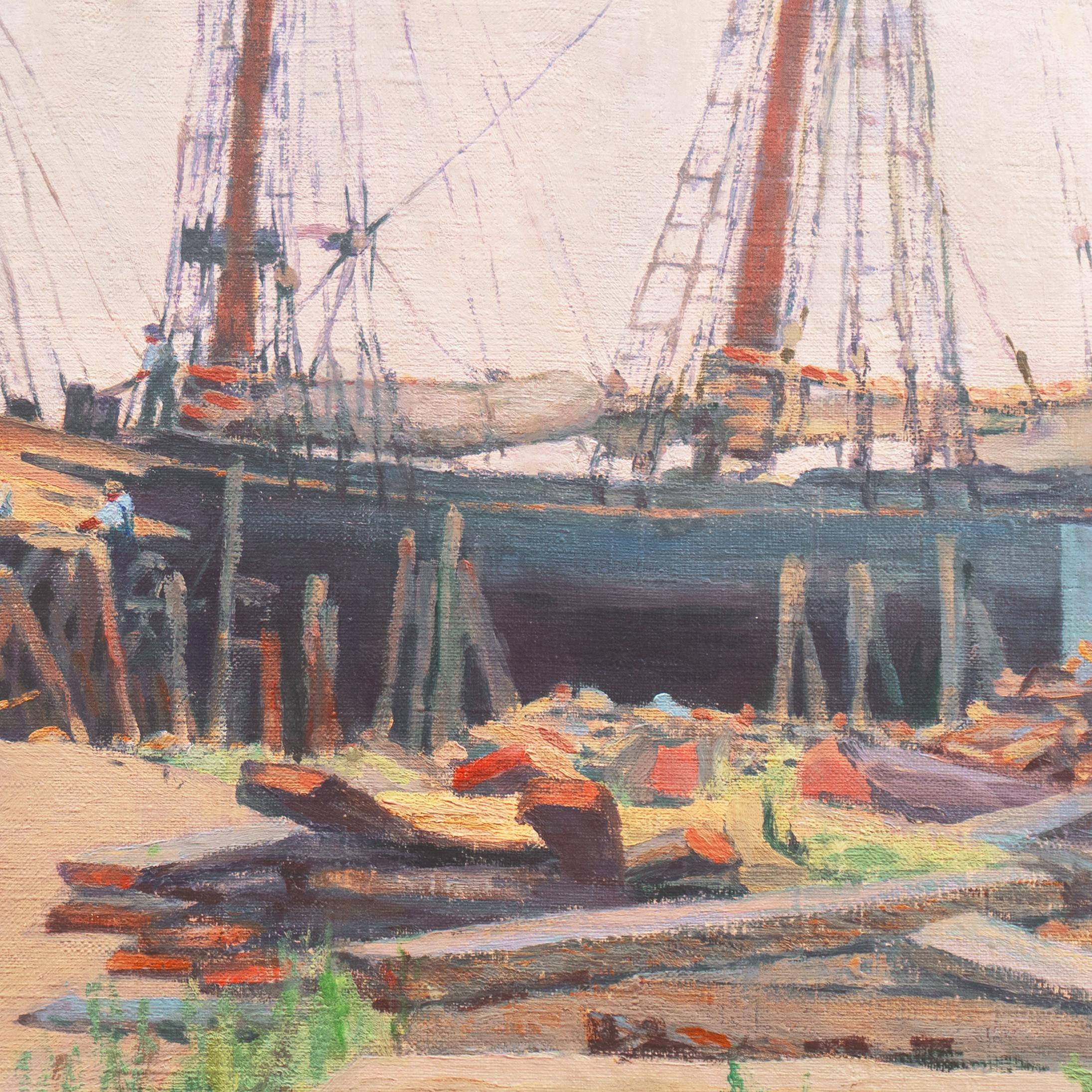 An early twentieth-century, American School oil study of a two-masted, clinker-built schooner undergoing repair in dry dock. Unsigned and painted circa 1925.


