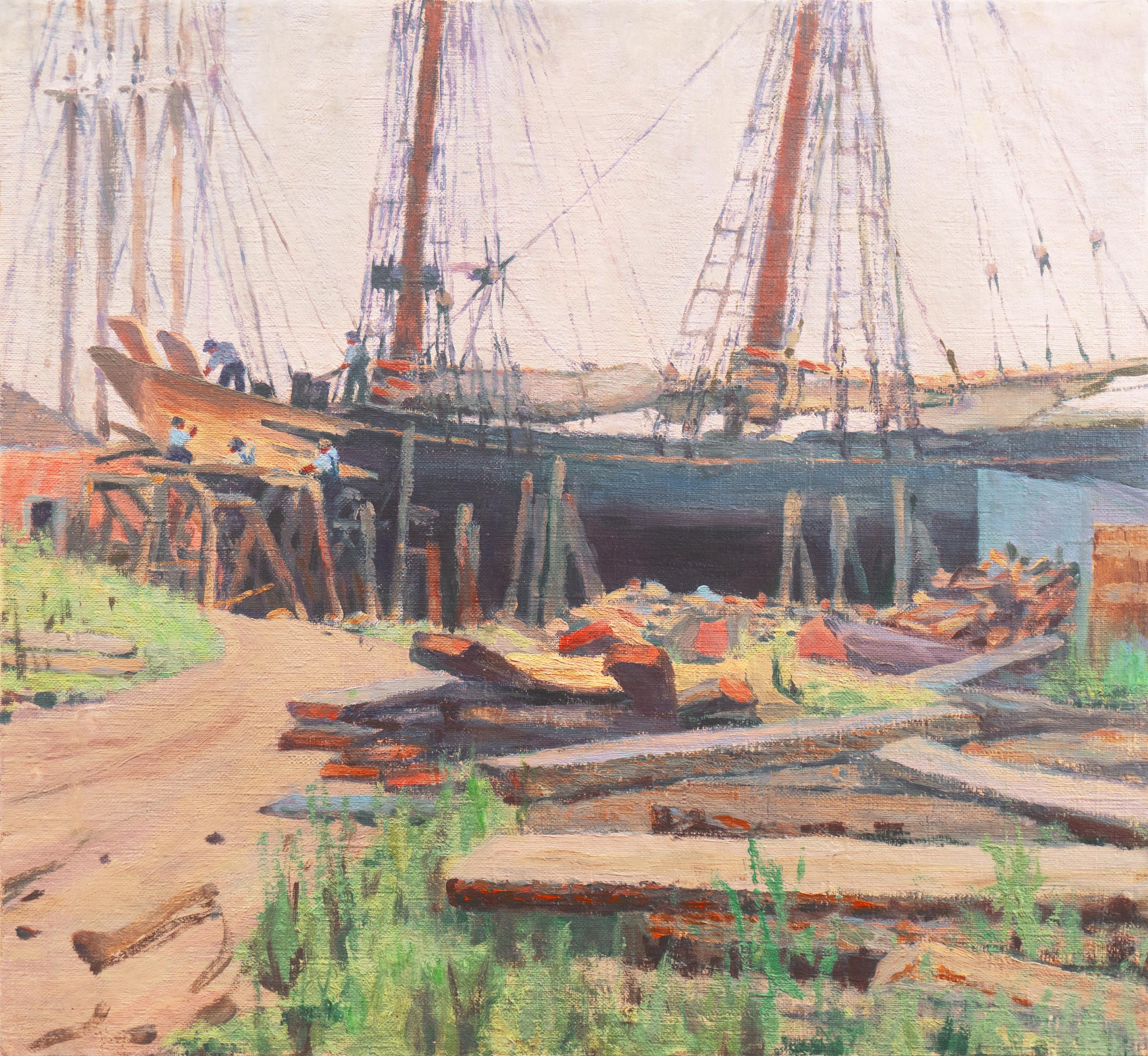 American School (20th century) Landscape Painting - 'When the Boats Were Made of Wood and the Men Were Made of Steel', Impressionist