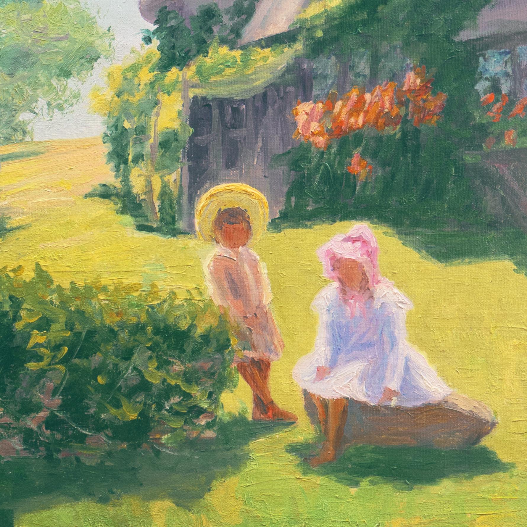 'Summer Days', Idyllic American Landscape, Children, Arts & Crafts Architecture - Painting by American School (20th century)