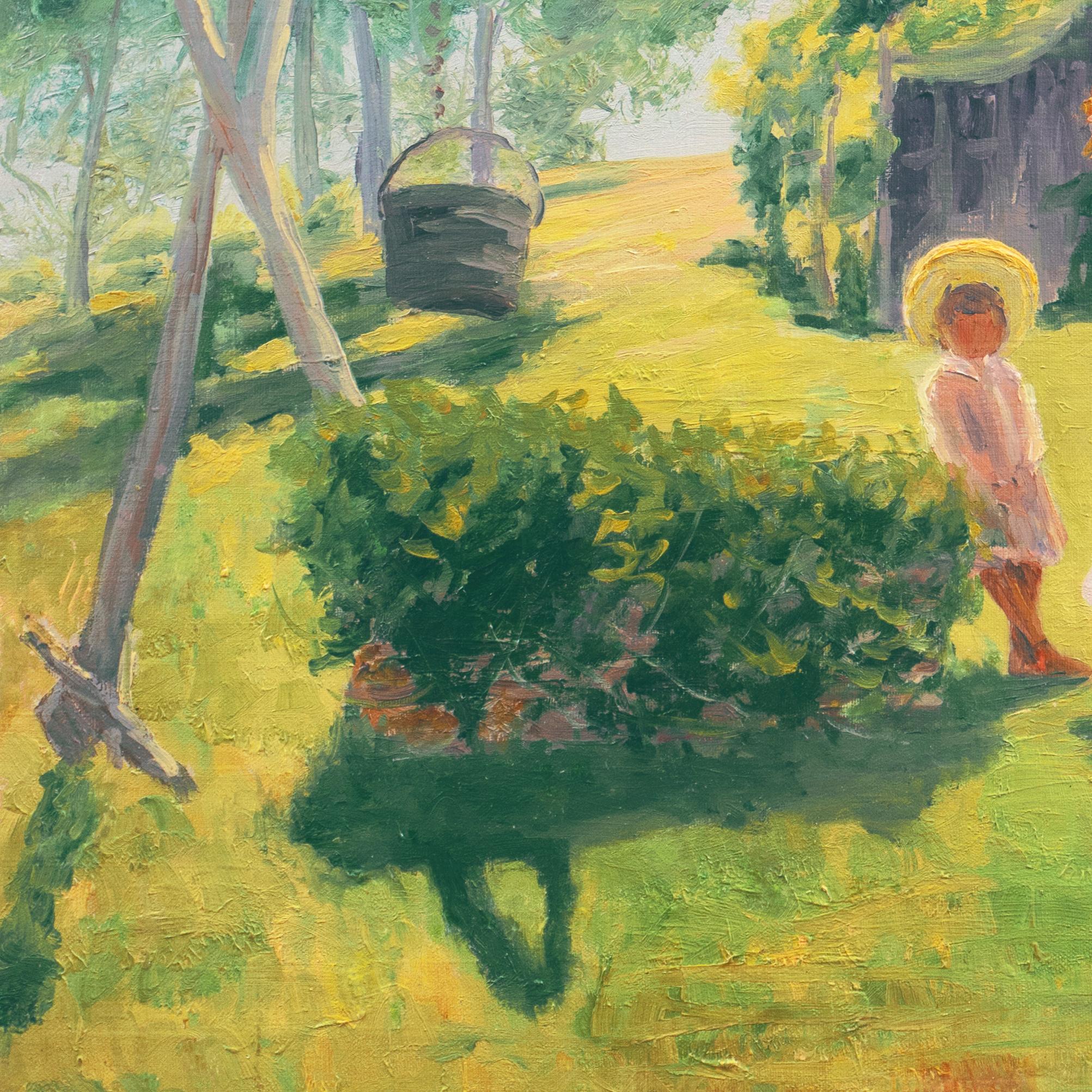 'Summer Days', Idyllic American Landscape, Children, Arts & Crafts Architecture - American Impressionist Painting by American School (20th century)