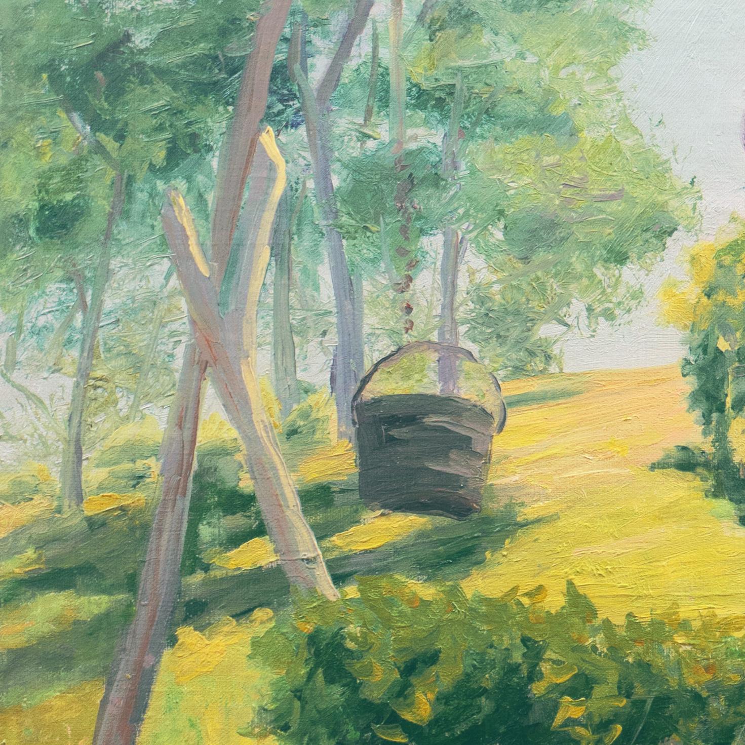 'Summer Days', Idyllic American Landscape, Children, Arts & Crafts Architecture - American Impressionist Painting by American School (20th century)