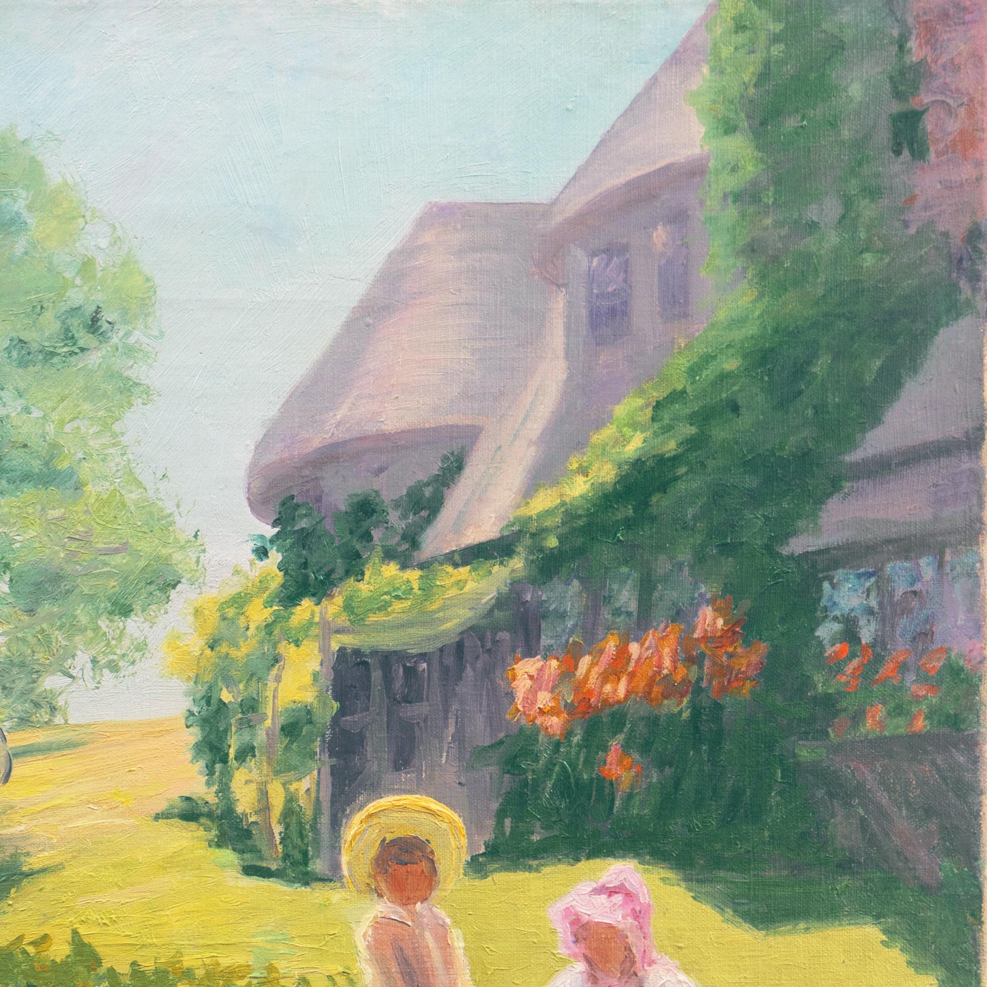 A substantial, early twentieth-century oil showing two children, wearing period summer dress and posed beside a well, with a view beyond across lush green lawns towards a substantial Arts and Crafts style house with a stand of trees in the distance;