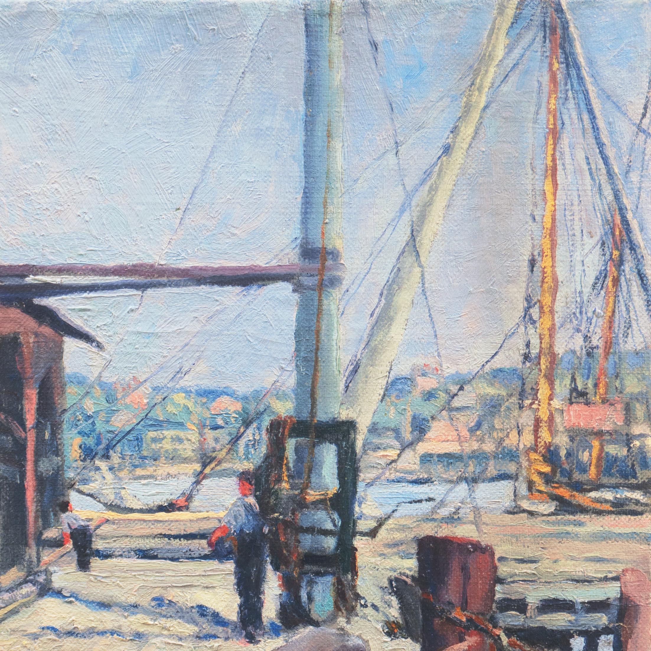 'Wharf with Dock Workers', American School, Oakland, San Francisco Bay Area Oil - Post-Impressionist Painting by American School (20th century)