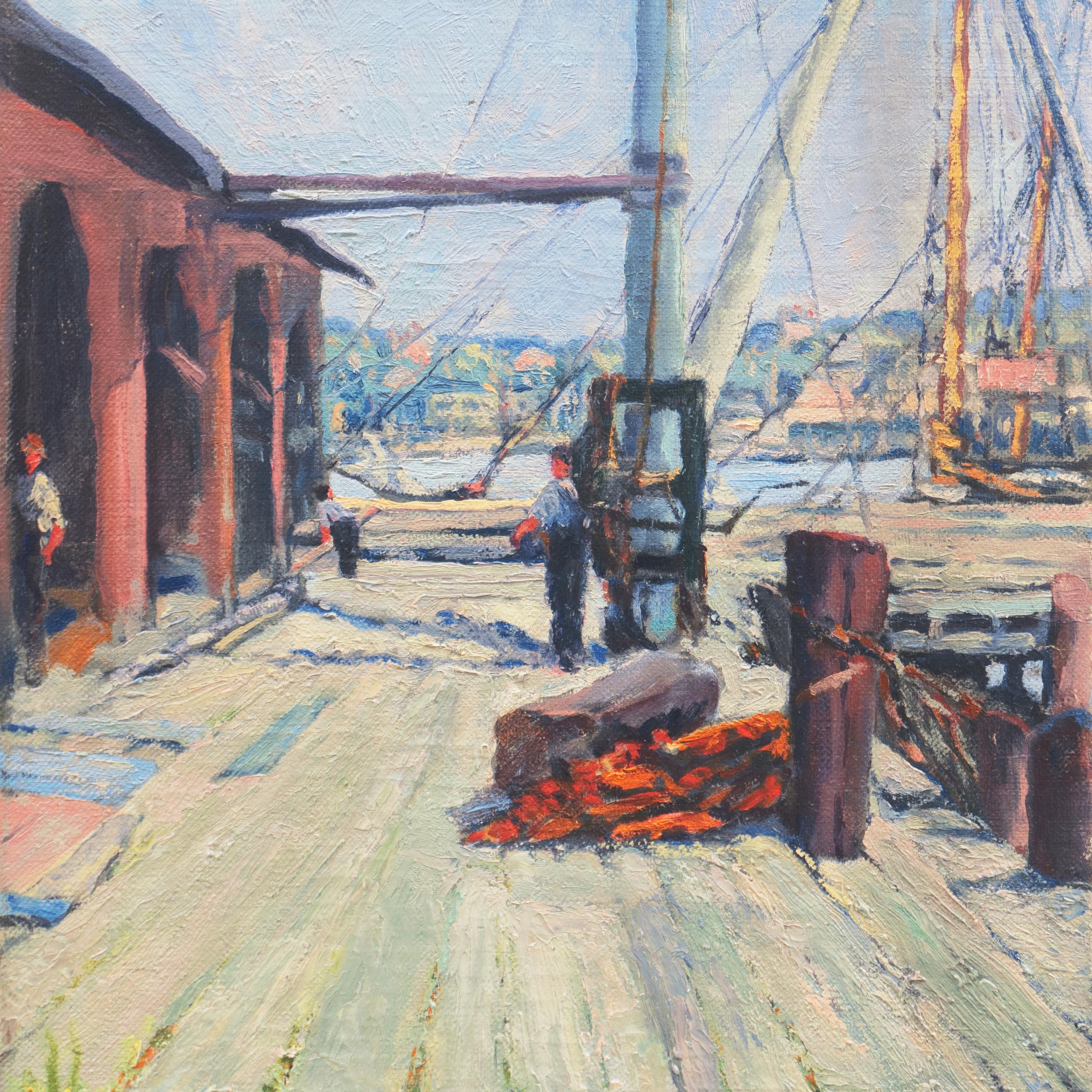 'Wharf with Dock Workers', American School, Oakland, San Francisco Bay Area Oil - Gray Landscape Painting by American School (20th century)