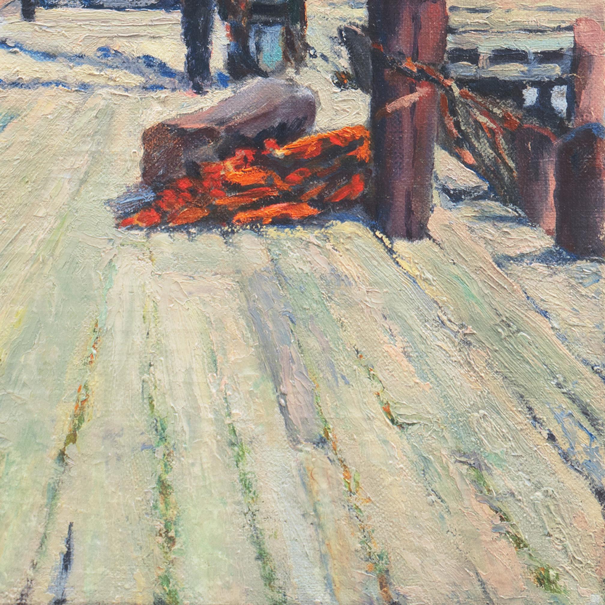 A Post-Impressionist oil of a wooden wharf with a large sailing boat moored and dockhands working with a view beyond towards a coastal town with wooden-frame houses, possibly Oakland or San Francisco. American school, unsigned and painted circa
