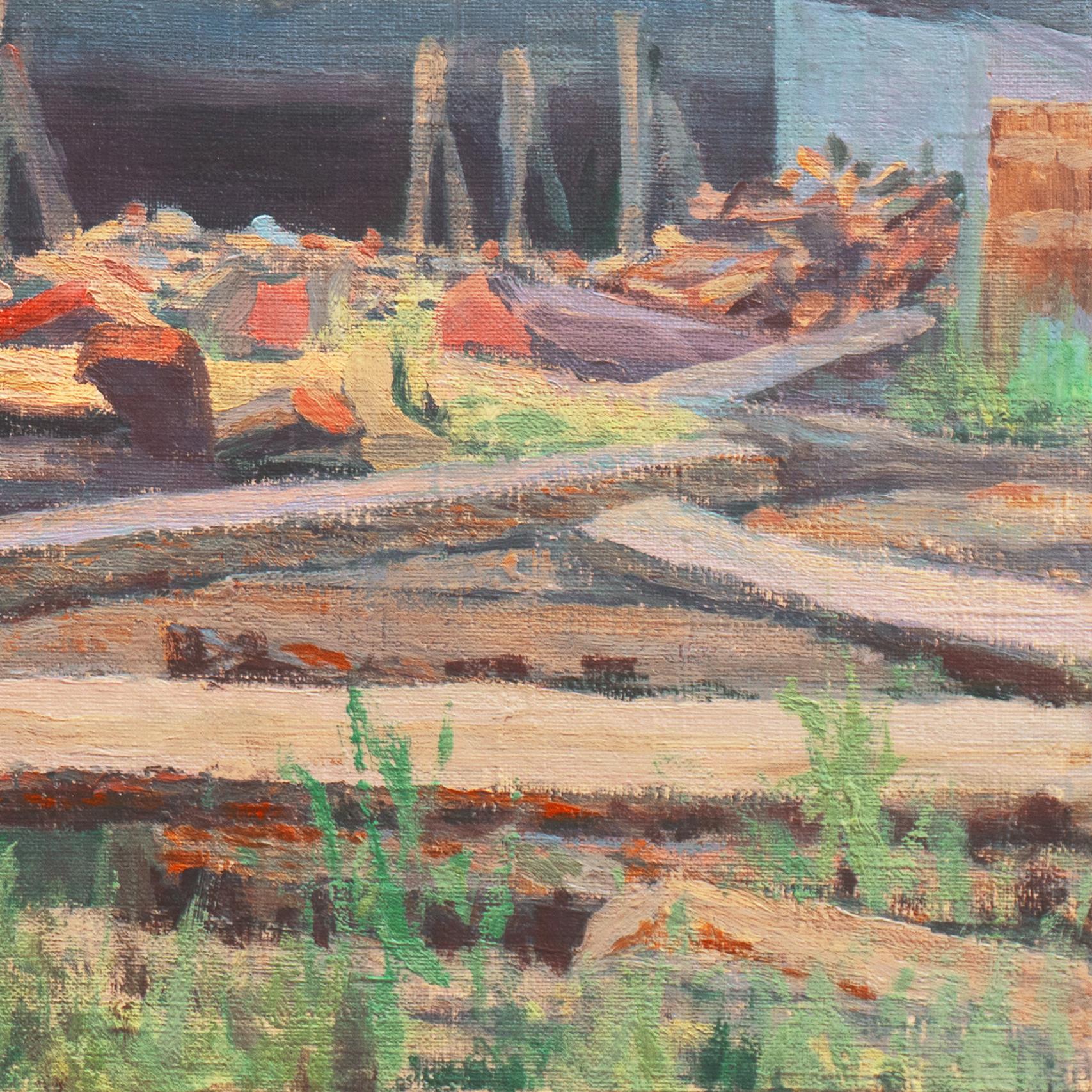 Étude à l'huile de l'école américaine du début du XXe siècle représentant une goélette à deux mâts construite en clinker en cours de réparation dans une cale sèche. Non signé et peint vers 1925.

