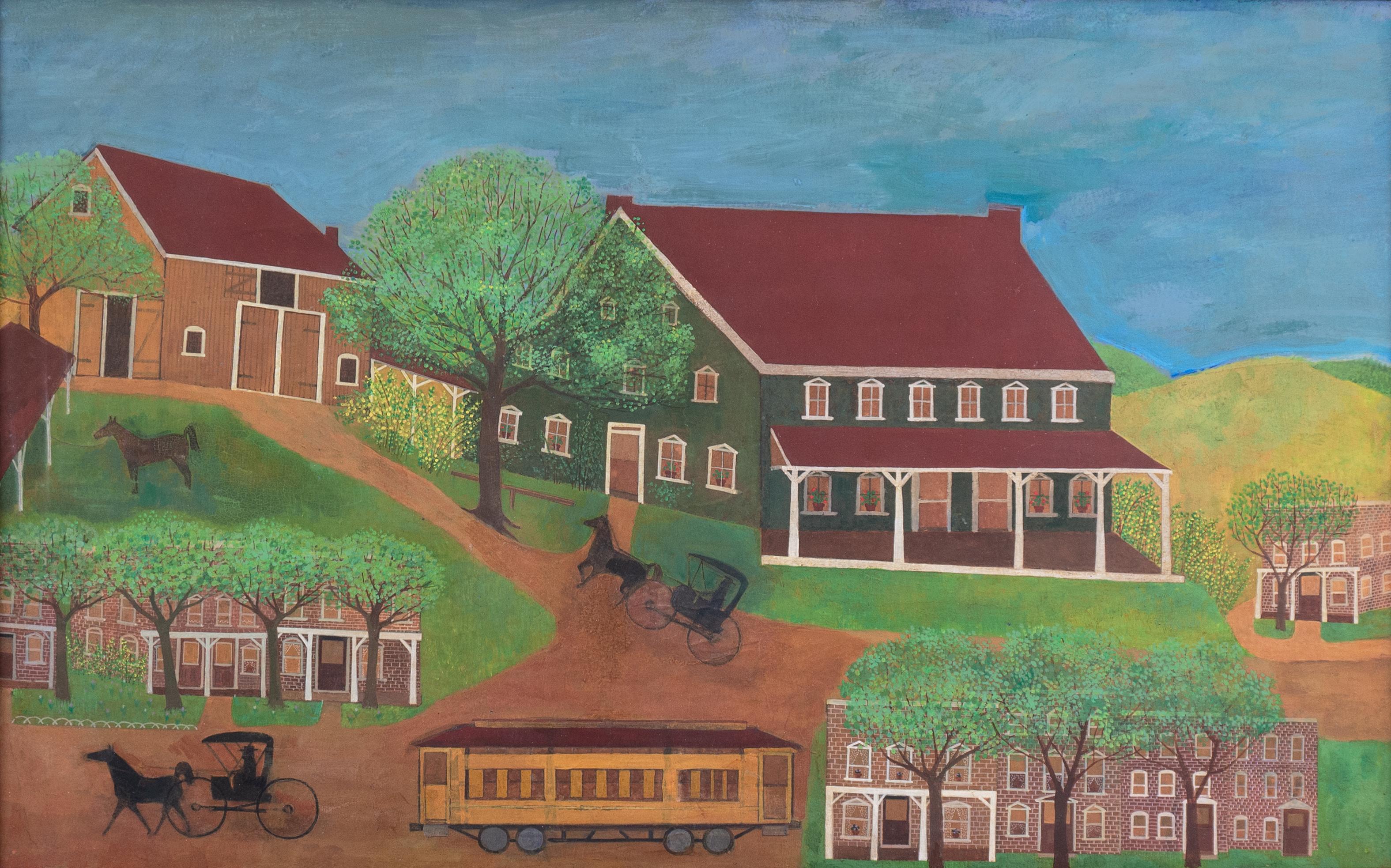 Ländliche Landschaft mit Pferd und Wagen
, Antike Americana, Volkskunst, Naiv, Öl