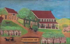 'Ländliche Landschaft mit Pferd und Wagen', Antike Americana, Volkskunst, Naiv, Öl