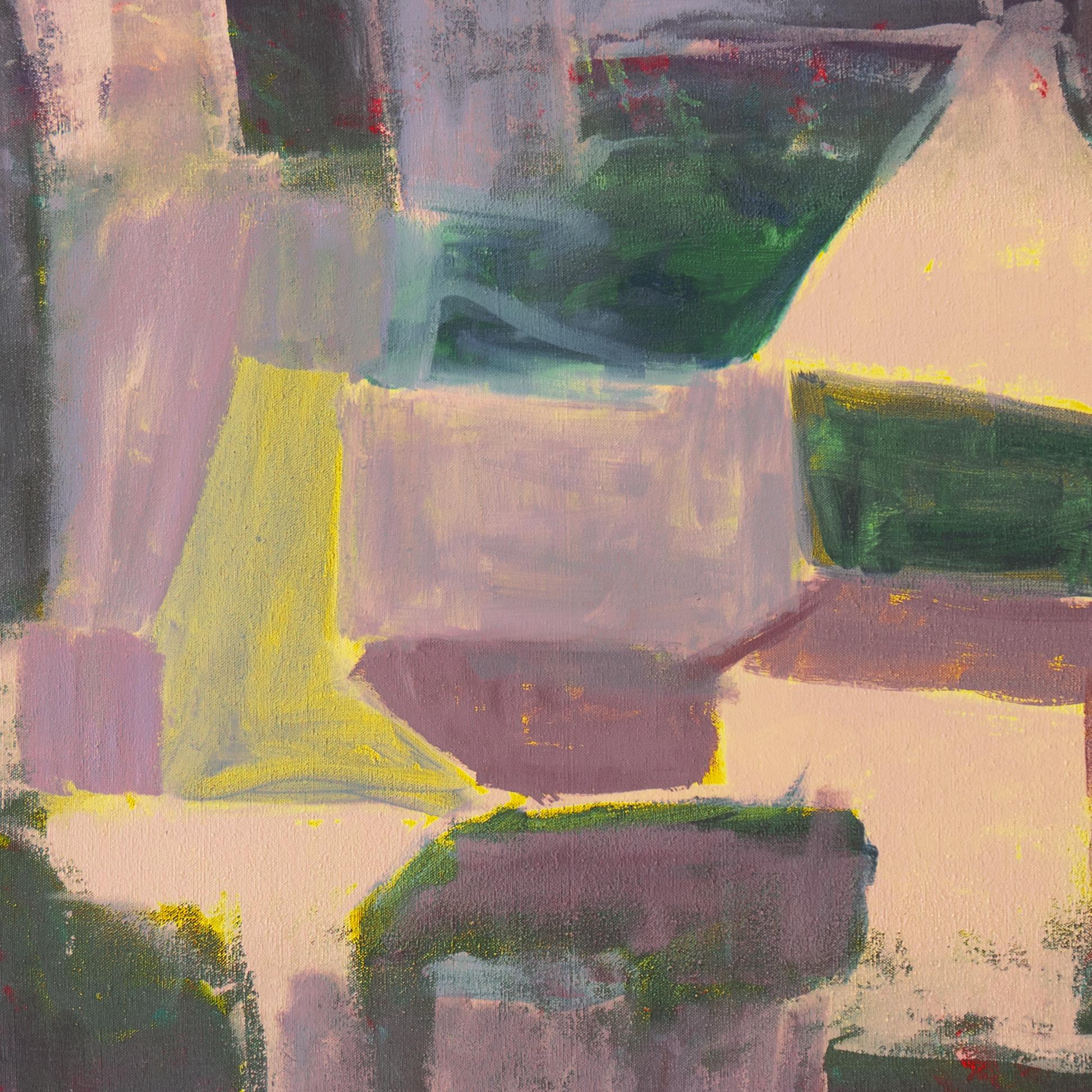 A substantial, mid-century American School oil abstract comprising adjacent and overlapping rectangular and geometric forms in shades of amethyst, emerald, parchment and lavender. Unsigned and painted circa 1965.