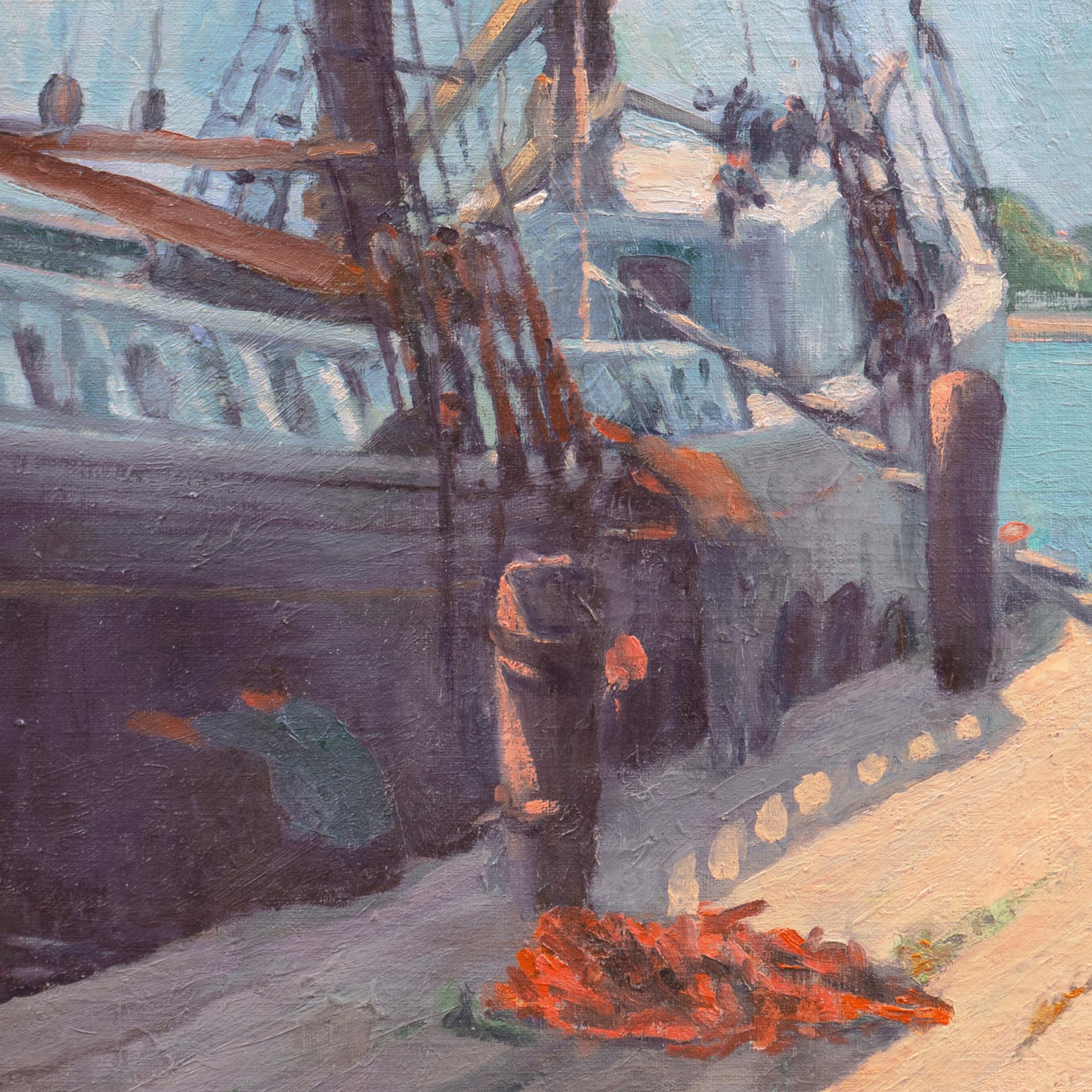 'Caulking the Seams', American Impressionist School Oil, Sailing Boat, Schooner  - Painting by American School
