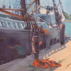'Caulking the Seams', American Impressionist School Oil, Sailing Boat, Schooner
