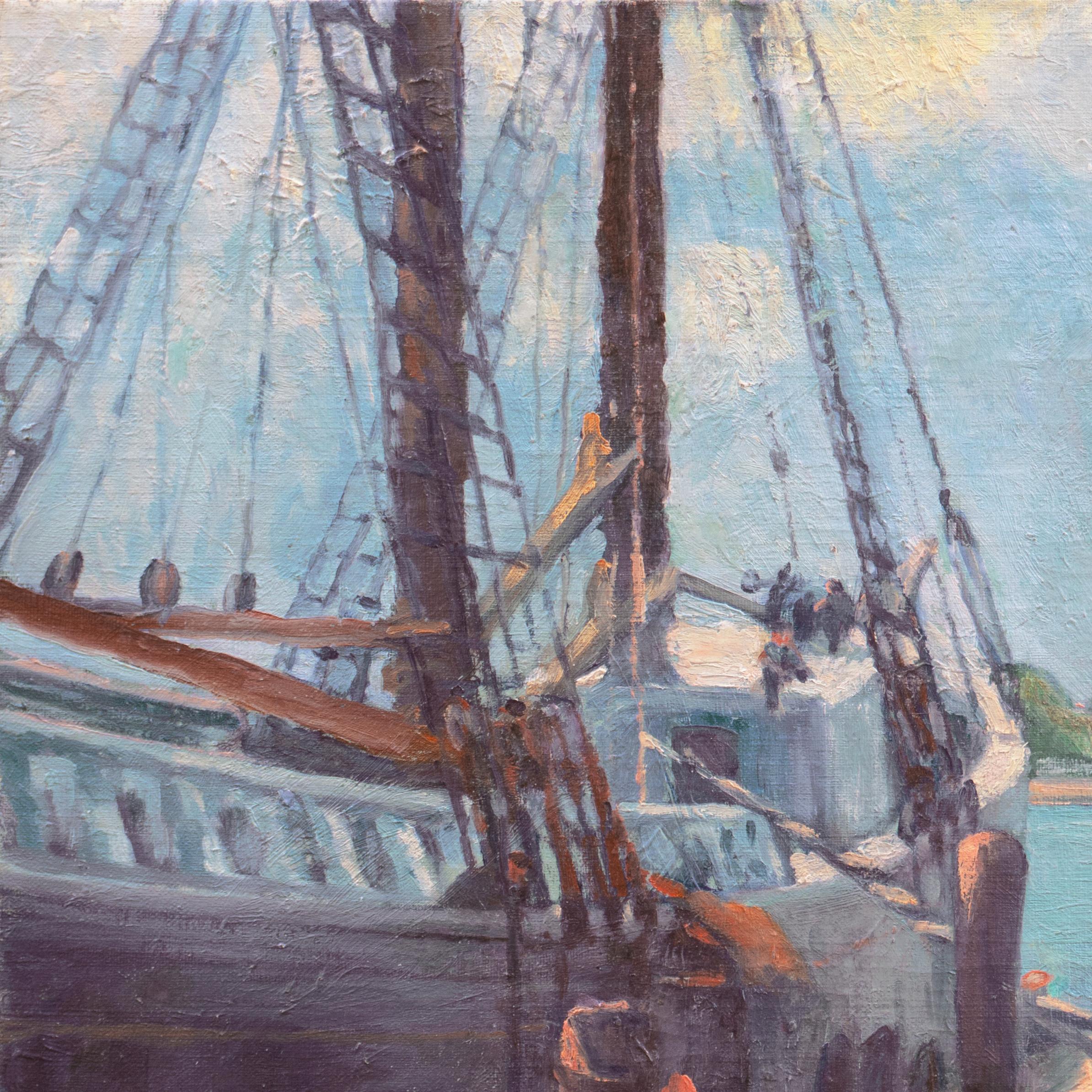 „Caulking the Seams“, Ölgemälde der amerikanischen impressionistischen Schule, Segelboot, Gelehrter (Grau), Figurative Painting, von American School