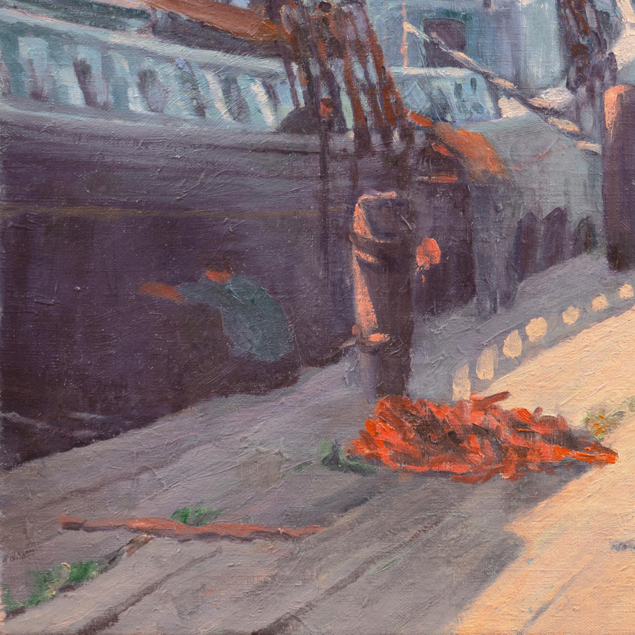 „Caulking the Seams“, Ölgemälde der amerikanischen impressionistischen Schule, Segelboot, Gelehrter  (Grau), Figurative Painting, von American School