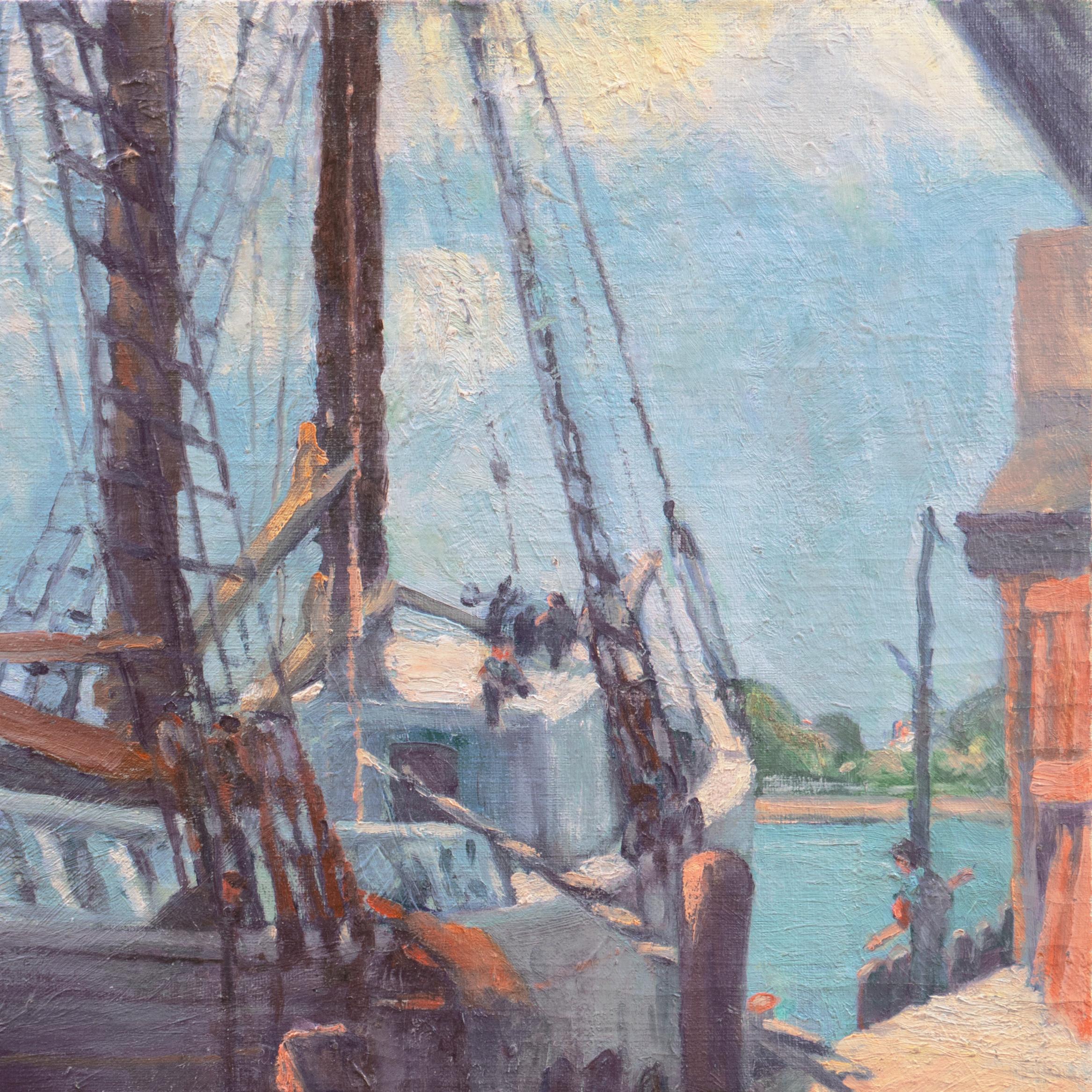 'Caulking the Seams', American Impressionist School Oil, Sailing Boat, Schooner  - Gray Figurative Painting by American School