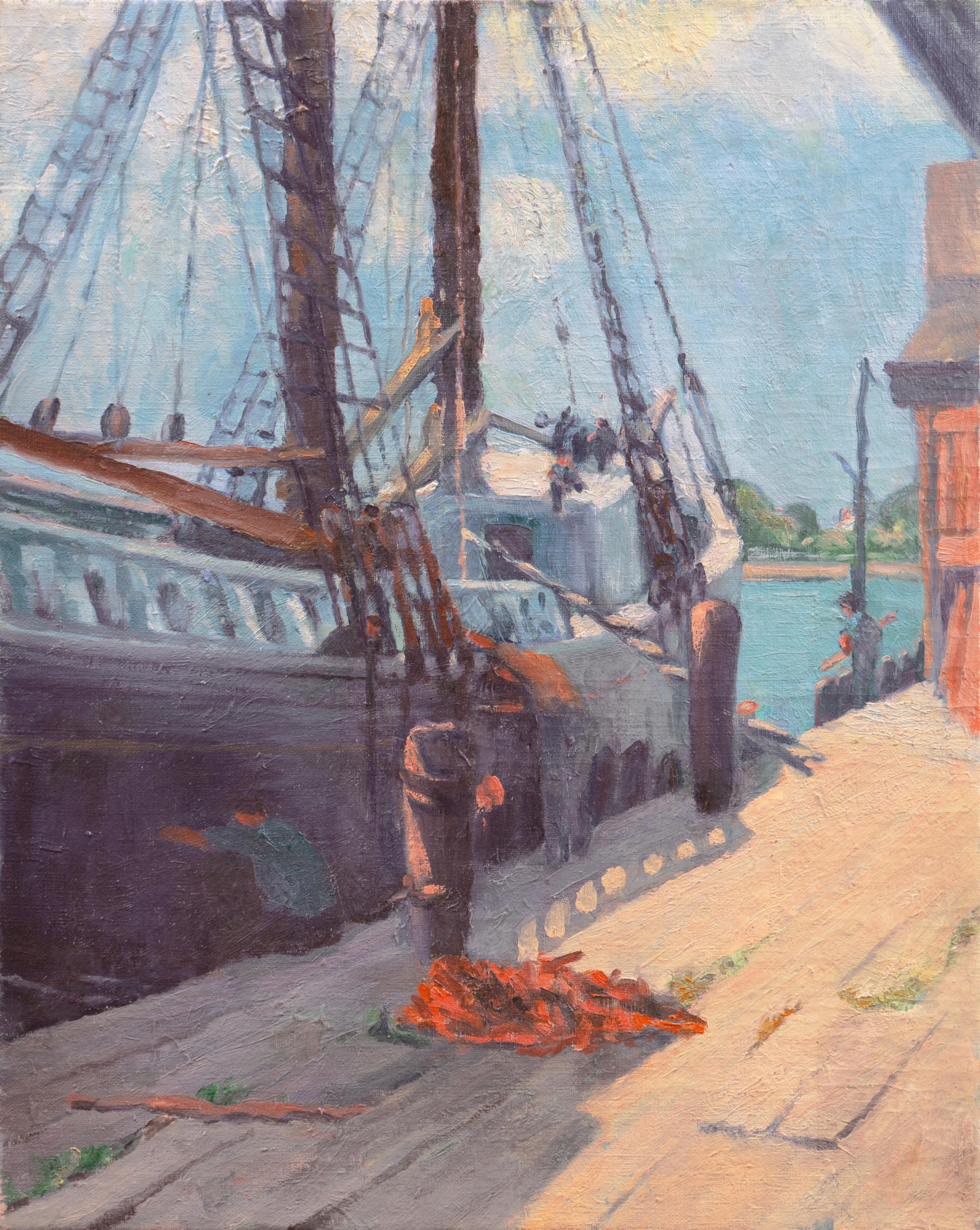 American School Figurative Painting – „Caulking the Seams“, Ölgemälde der amerikanischen impressionistischen Schule, Segelboot, Gelehrter