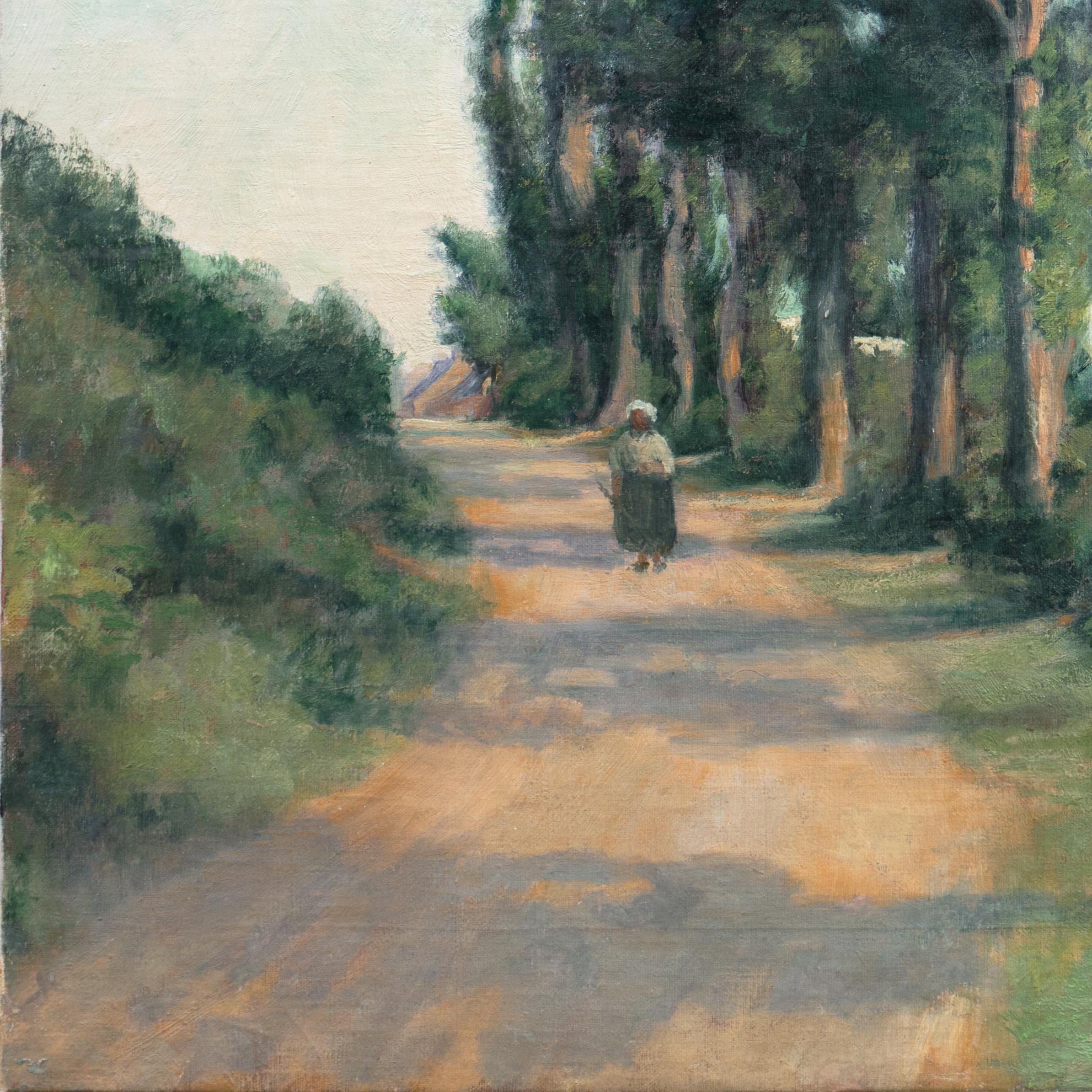 « Eucalyptus Road, Sunset », début du 20e siècle, paysage impressionniste américain - Gris Landscape Painting par American School