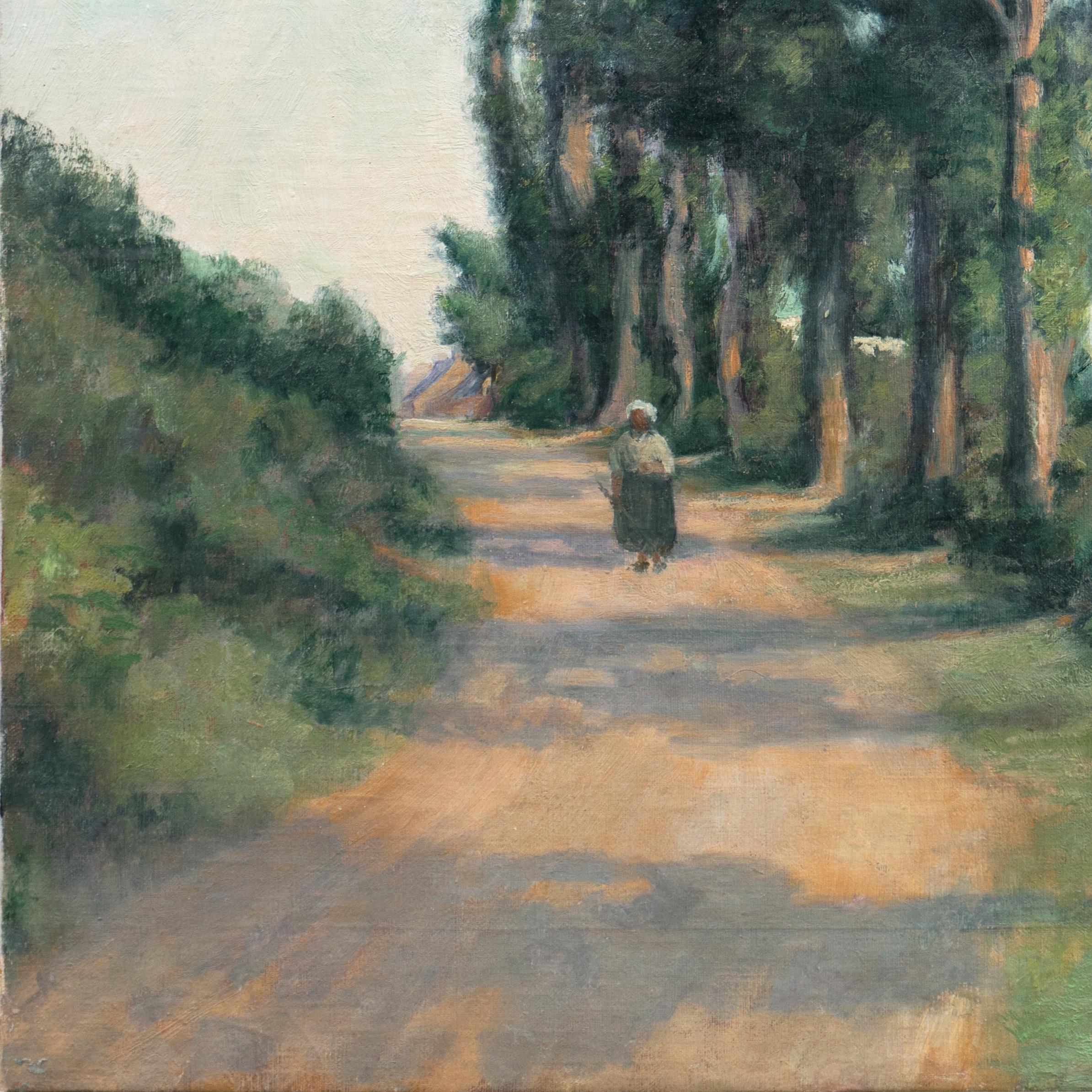 An early twentieth-century, American Impressionist School oil landscape showing a sunlit view of a woman standing on a country road lined with eucalyptus trees. The work of an anonymous but skilled hand, painted circa 1925.