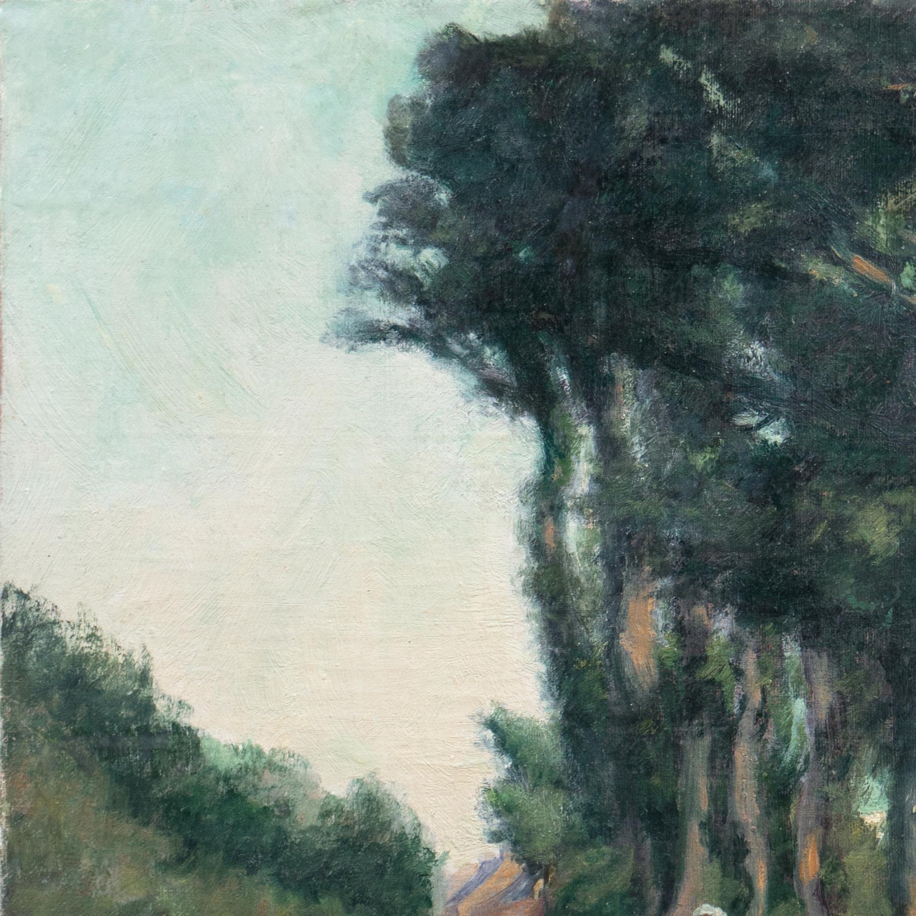 Eine Öllandschaft der amerikanischen Impressionistenschule aus dem frühen zwanzigsten Jahrhundert, die eine sonnenbeschienene Ansicht einer Frau zeigt, die auf einer von Eukalyptusbäumen gesäumten Landstraße steht. Das Werk einer anonymen, aber